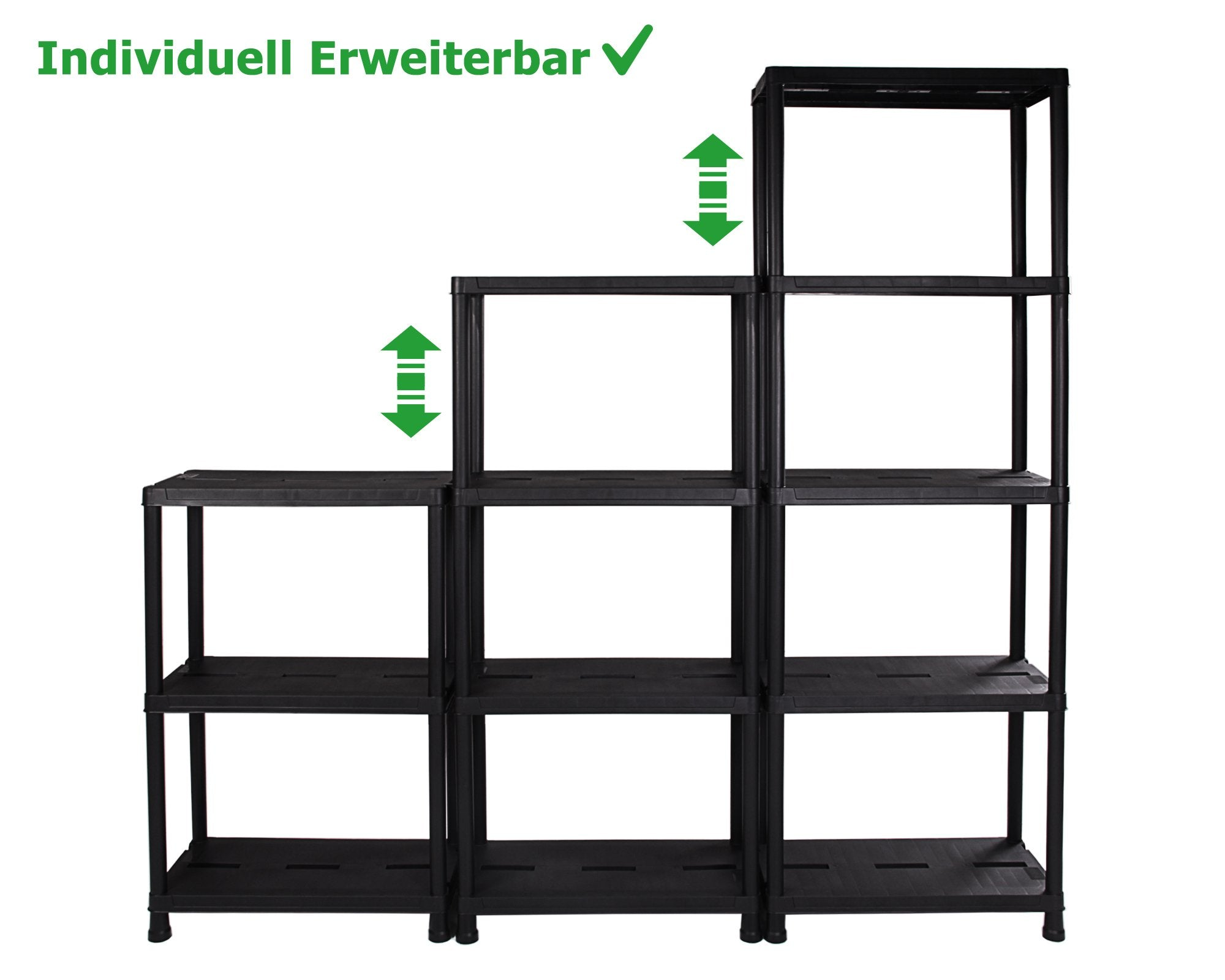 Drei schwarze Kunststoffregale in steigender Höhe mit grünen Pfeilen und dem Text "Individuell Erweitert".