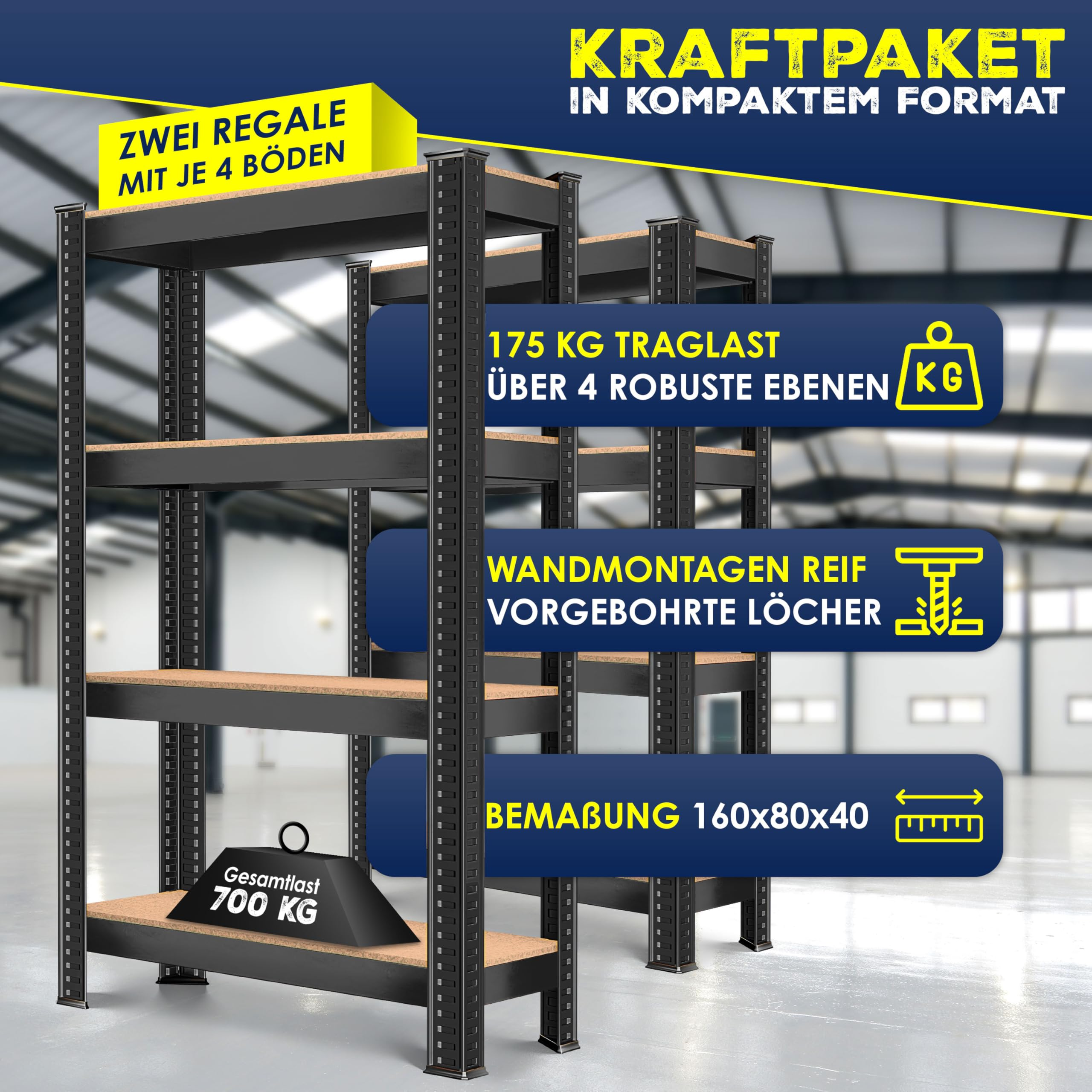Zwei schwarze Metallregale mit je vier Holzböden vor einer Lagerhalle mit Infotext.