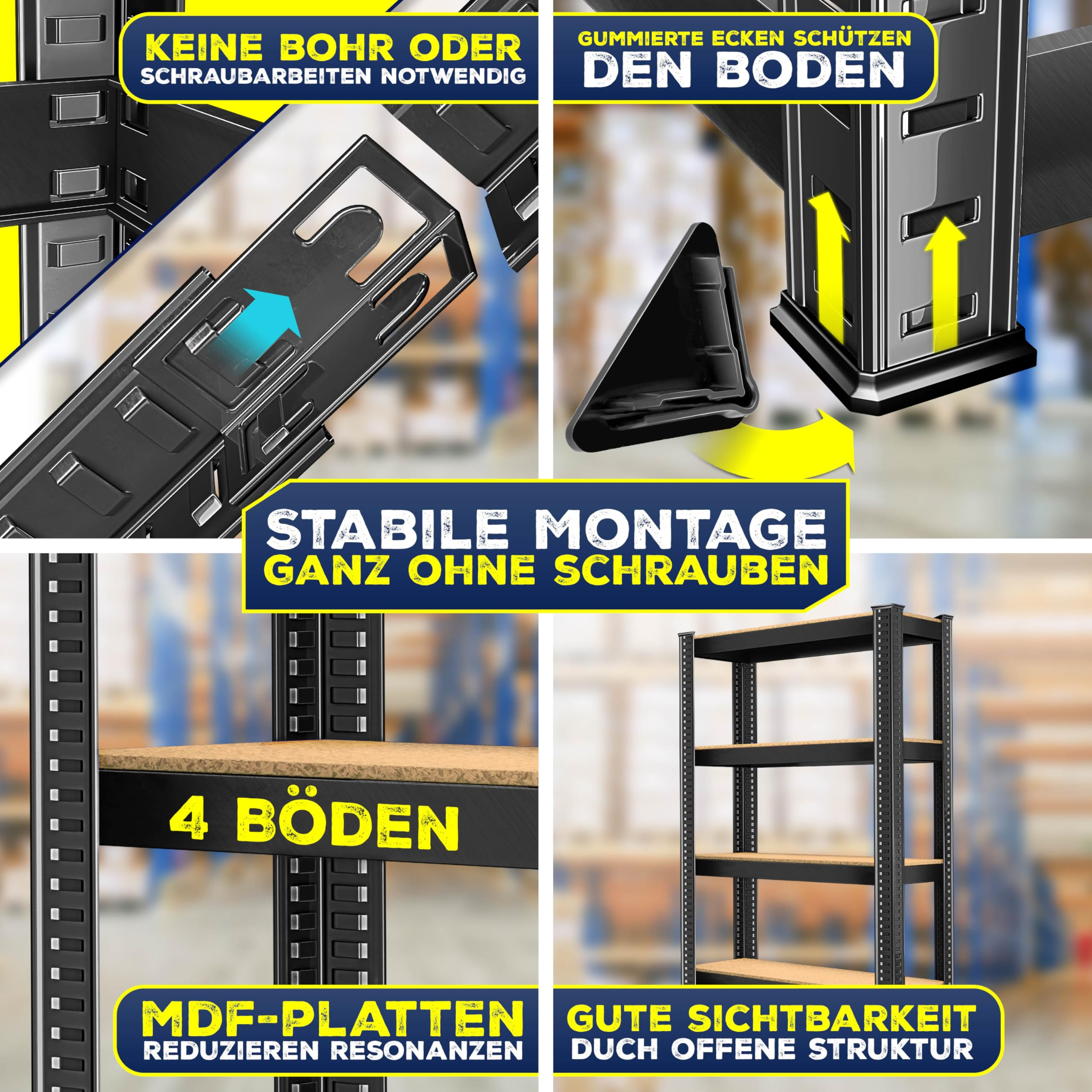 Vierteiliges Bild eines schraubenlosen Schwerlastregals mit MDF-Platten, Stecksystem und Bodenschonern.