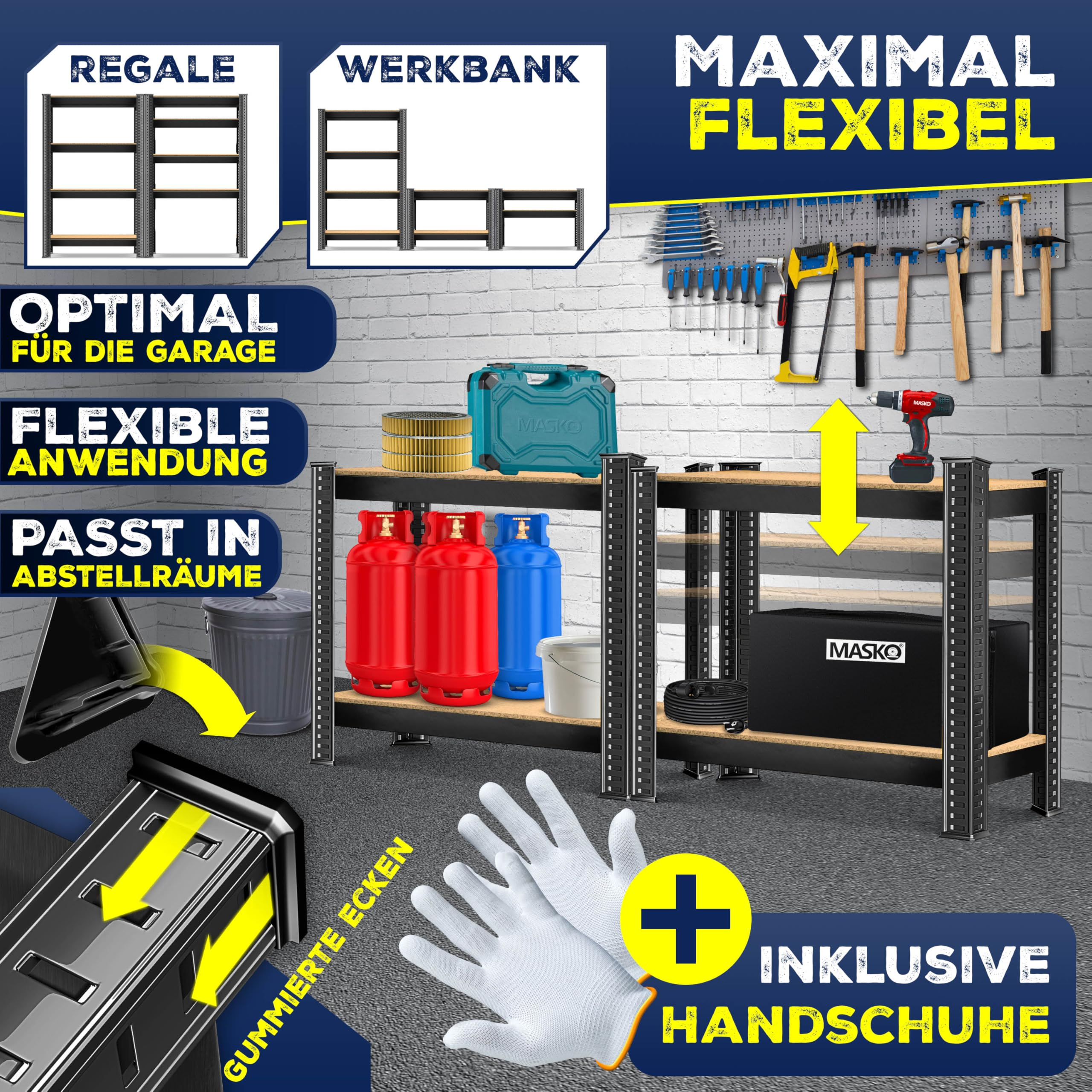 Metallregal mit Werkzeugen, Gasflaschen und Werkzeugkasten an weißer Backsteinwand, Handschuhe im Vordergrund.