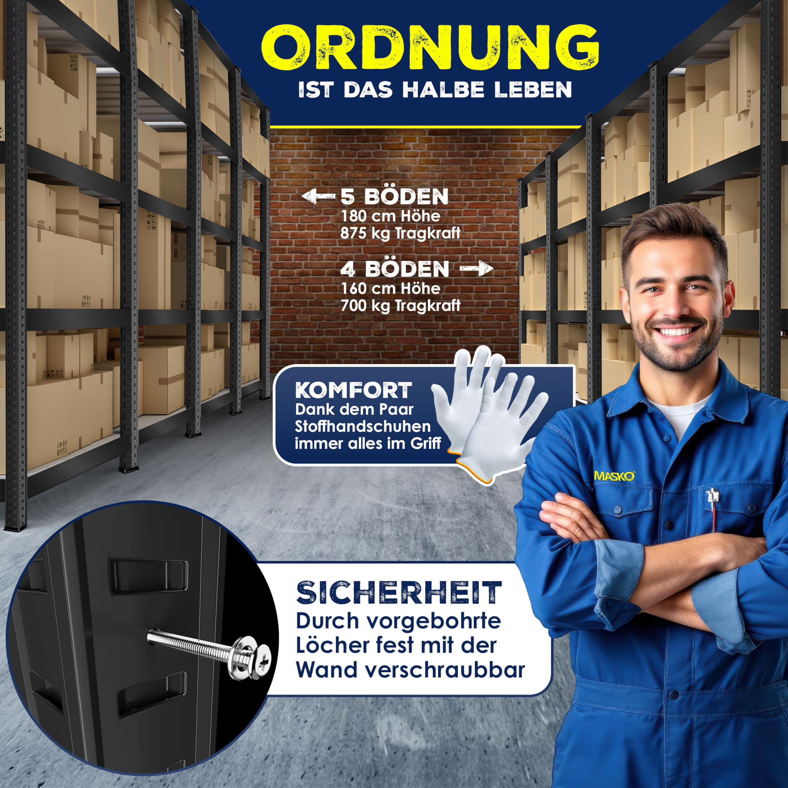 Ein lächelnder Arbeiter in blauer Uniform steht vor Regalen voller Kartons, mit Produktinfos und Handschuhen.