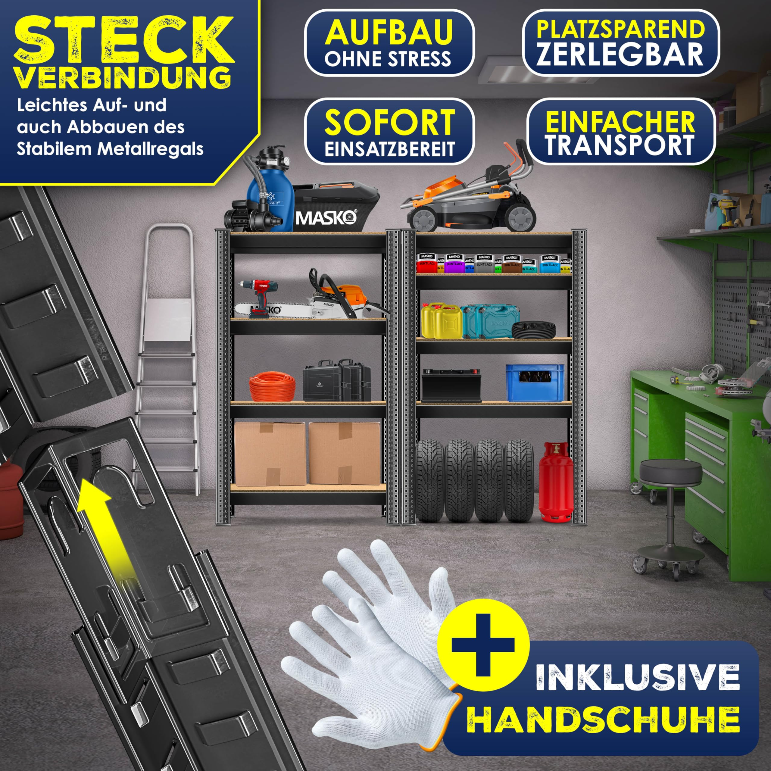 Stabile Metallregale mit Steckverbindung in einer Werkstatt, inklusive Handschuhe.