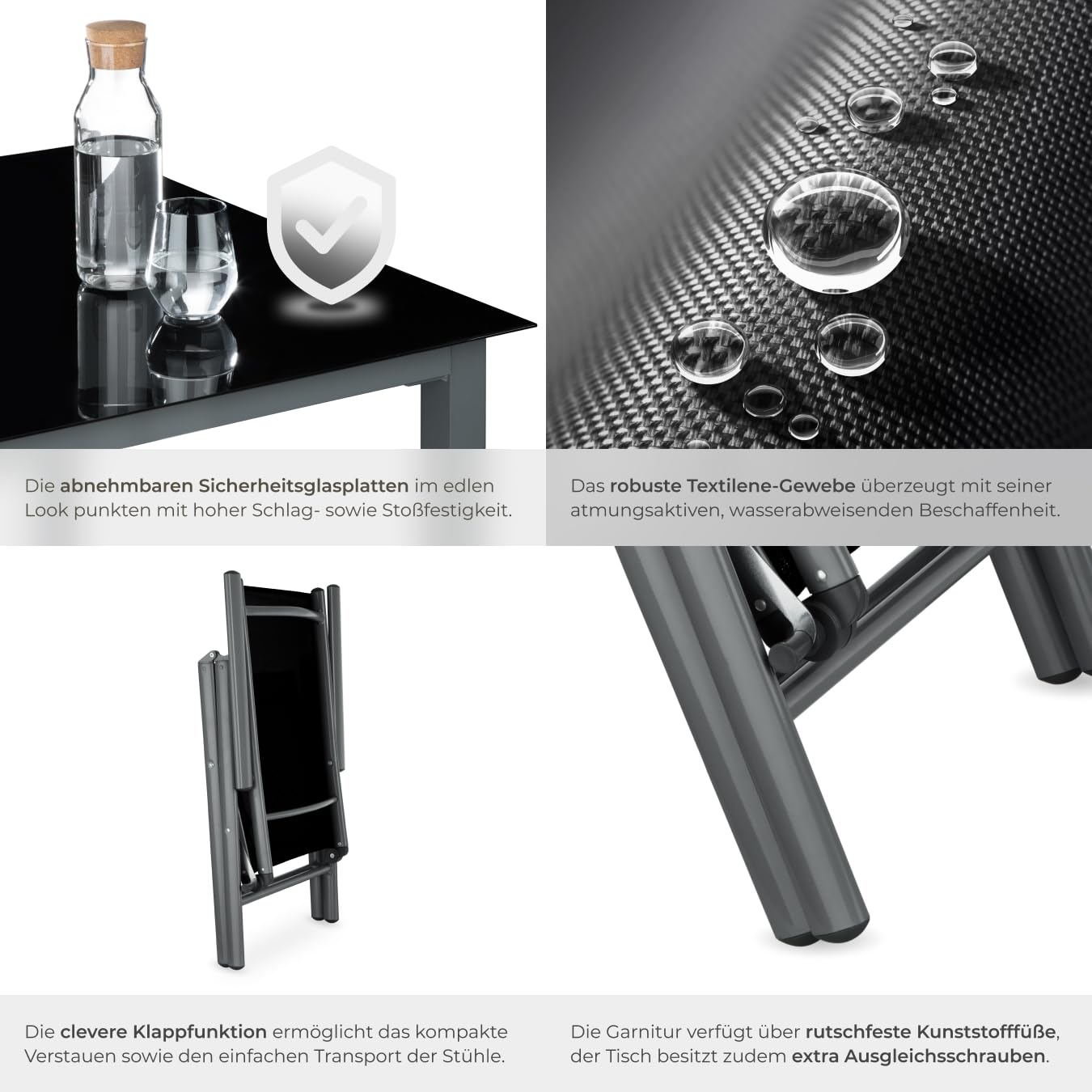 Vier Detailansichten zeigen Sicherheitsglas, wasserabweisenden Stoff, einen Stuhl und Tischbeine.