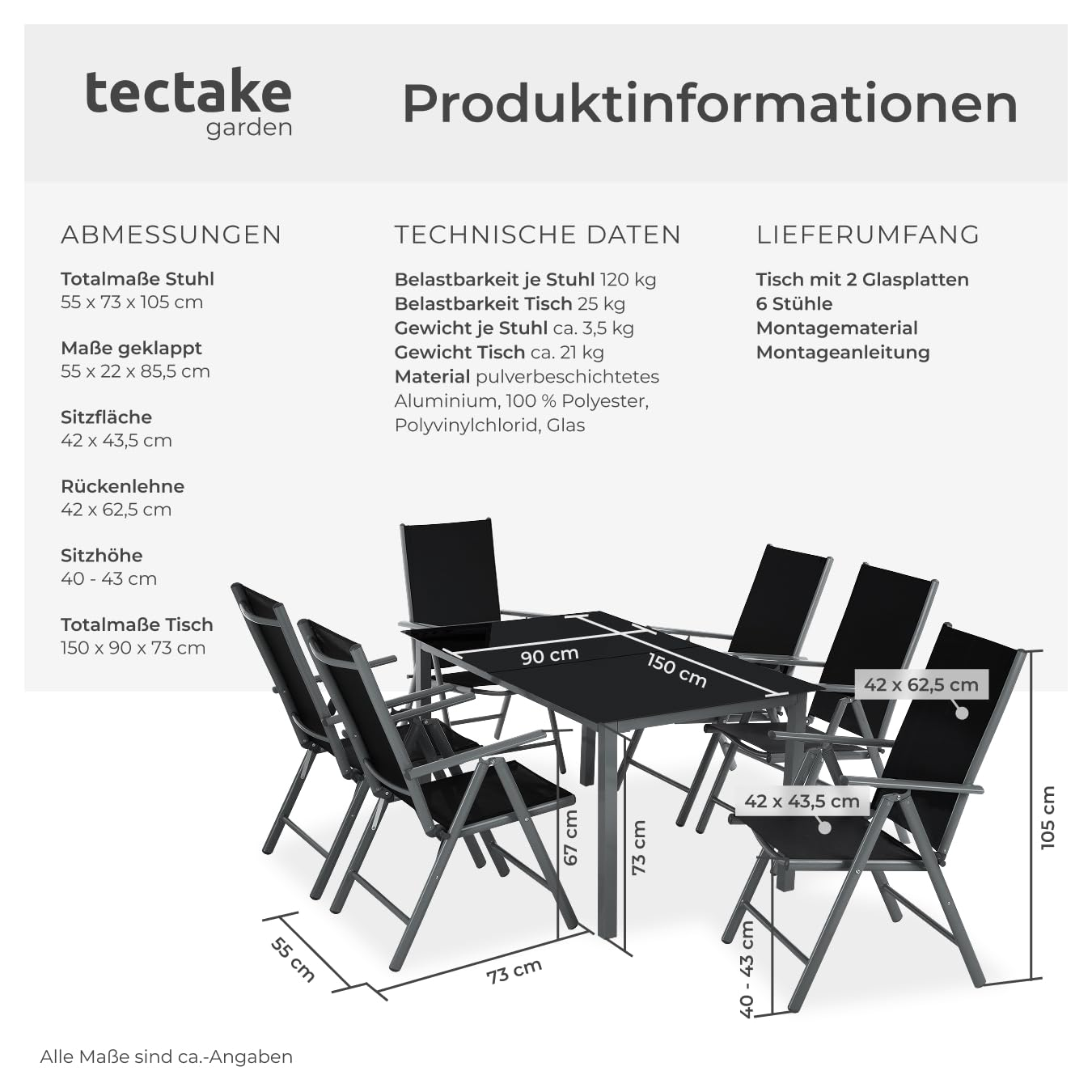 Produktdatenblatt für ein Tectake Gartenmöbel-Set mit Tisch und sechs Stühlen samt Maßangaben.