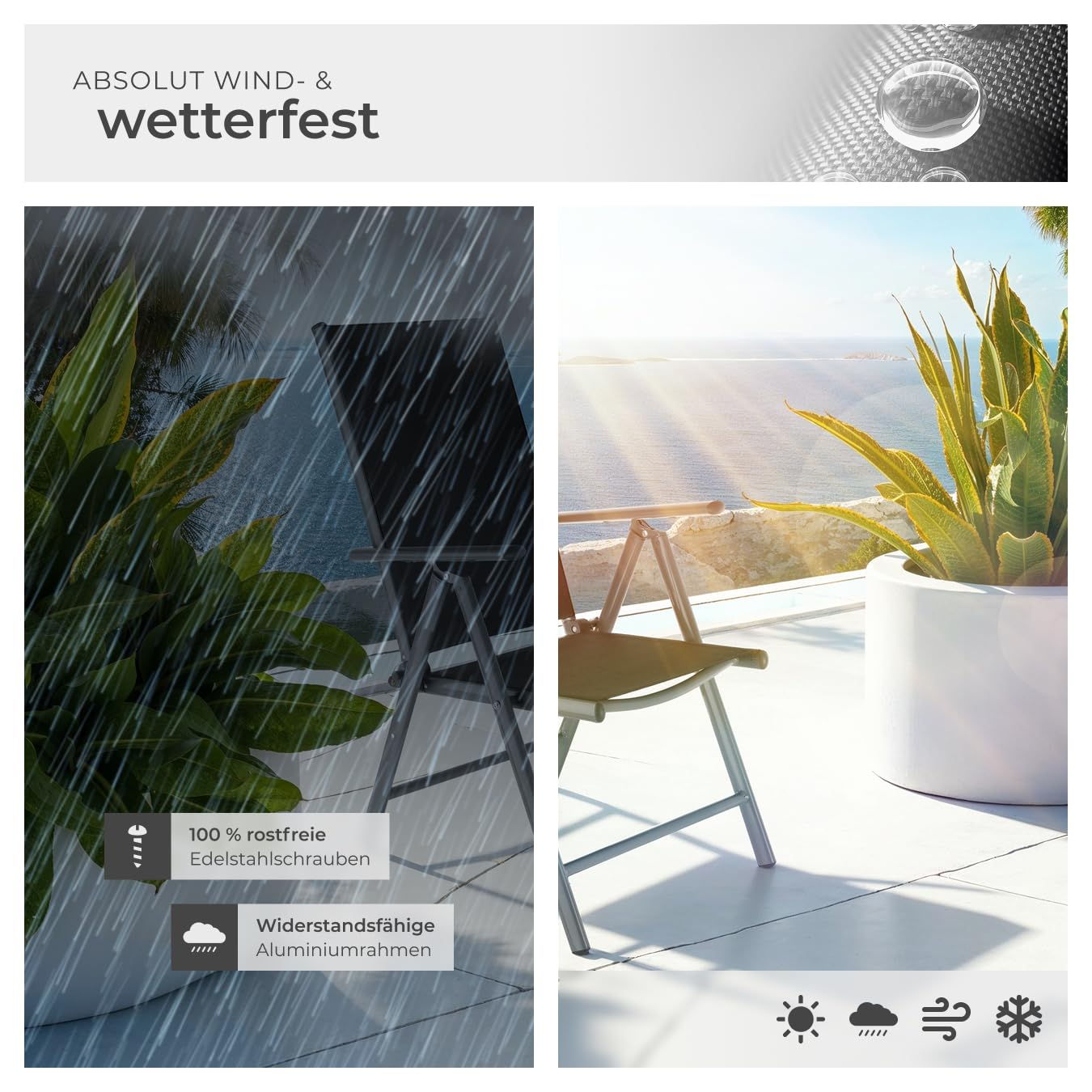 Wetterfeste Gartenmöbel mit rostfreien Edelstahlschrauben und Aluminiumrahmen, geeignet für Wind und Regen.