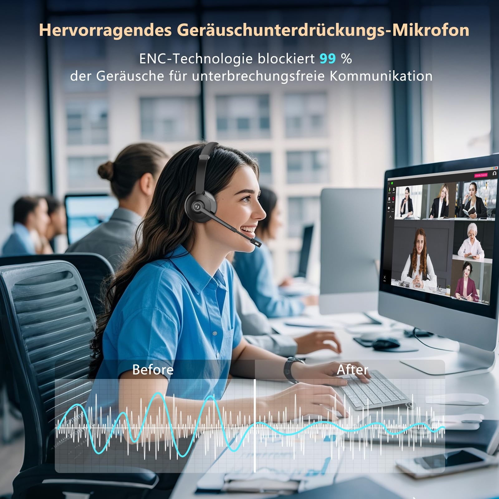 Frau mit Headset arbeitet im Büro vor PC mit Videocall; unten Grafik mit Vorher-Nachher-Vergleich.