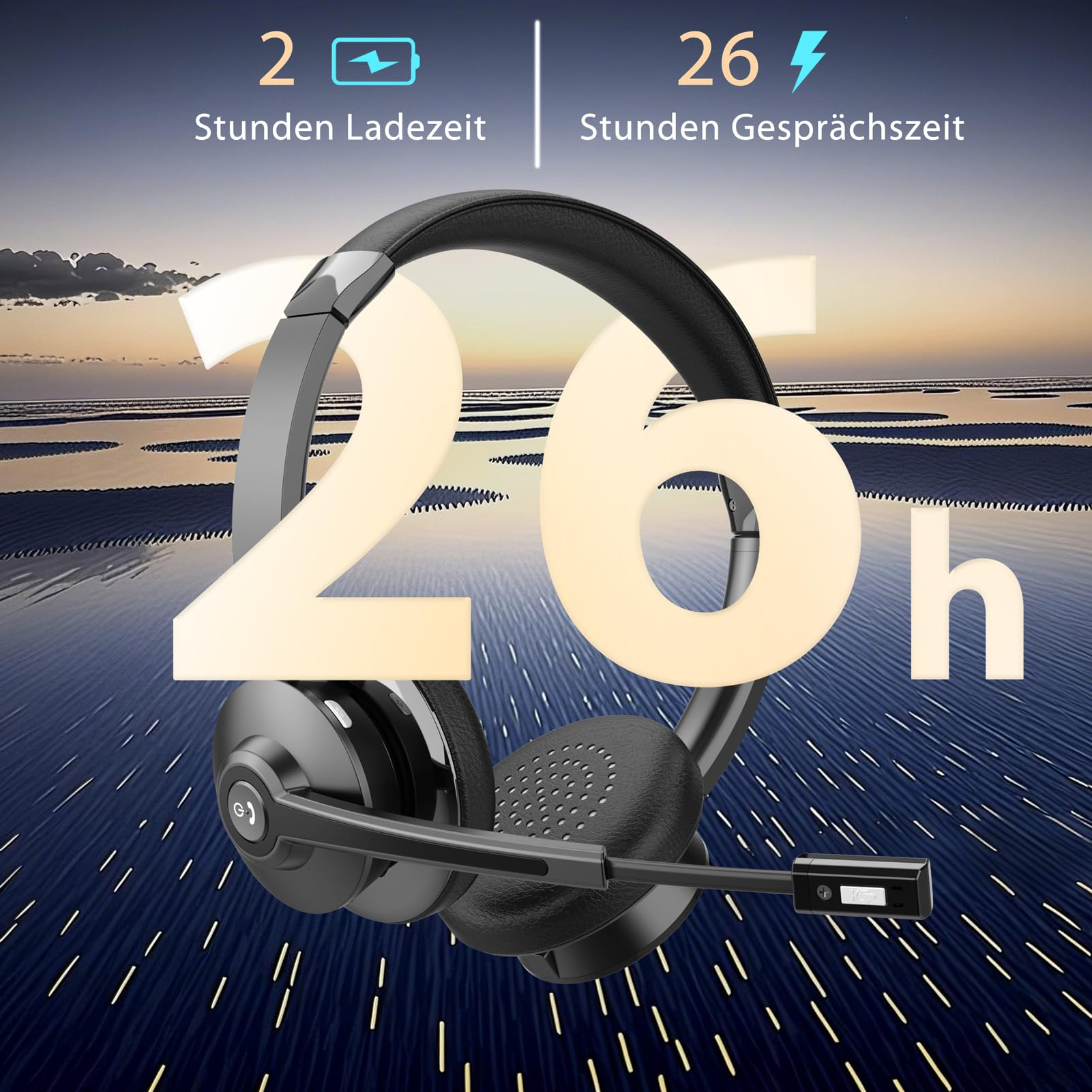 Schwarzes Headset vor abstraktem Hintergrund mit Text 2 Stunden Ladezeit und 26 Stunden Gesprächszeit.