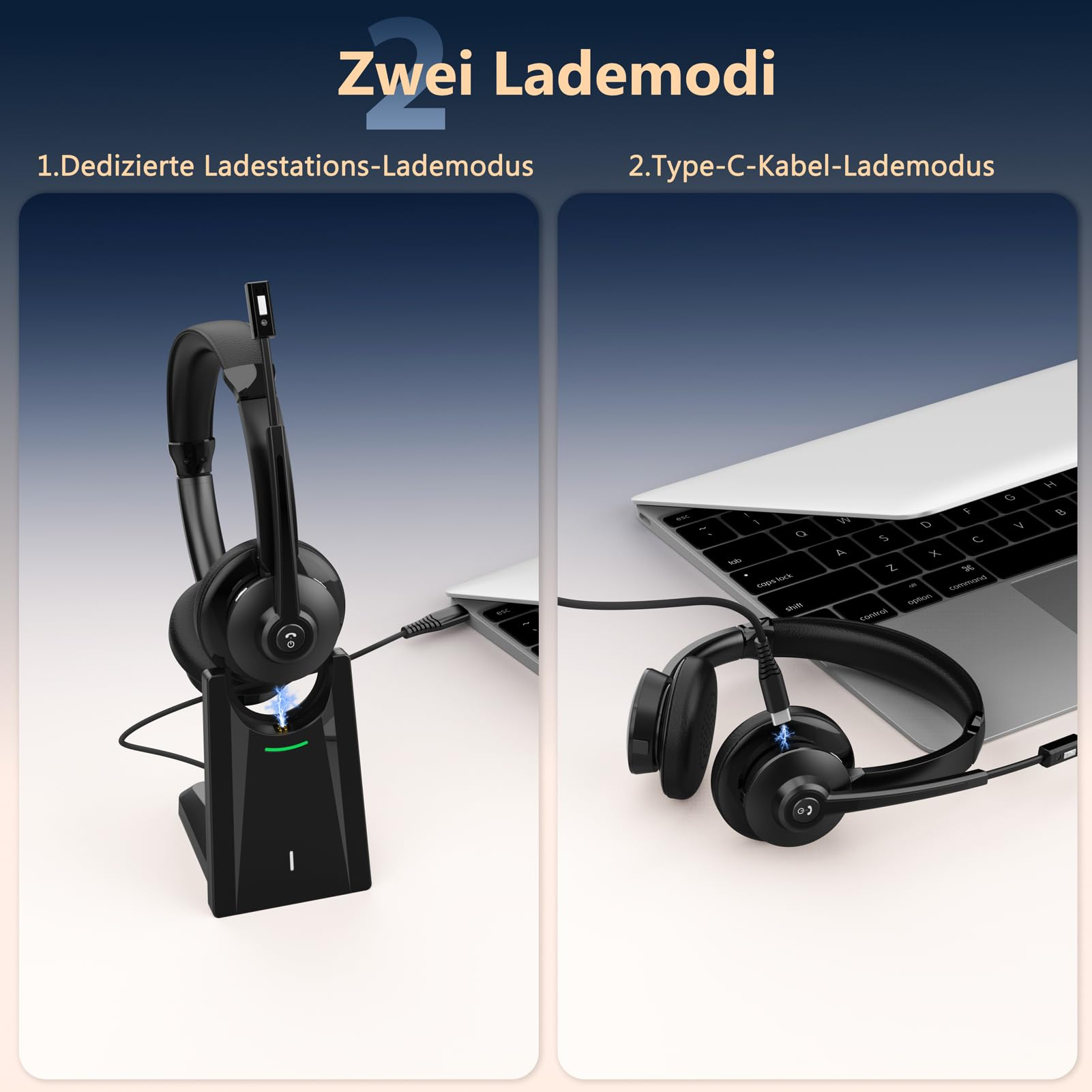 Zwei Lademodi: Headset auf einer Ladestation und über ein Typ-C-Kabel mit einem Laptop verbunden.