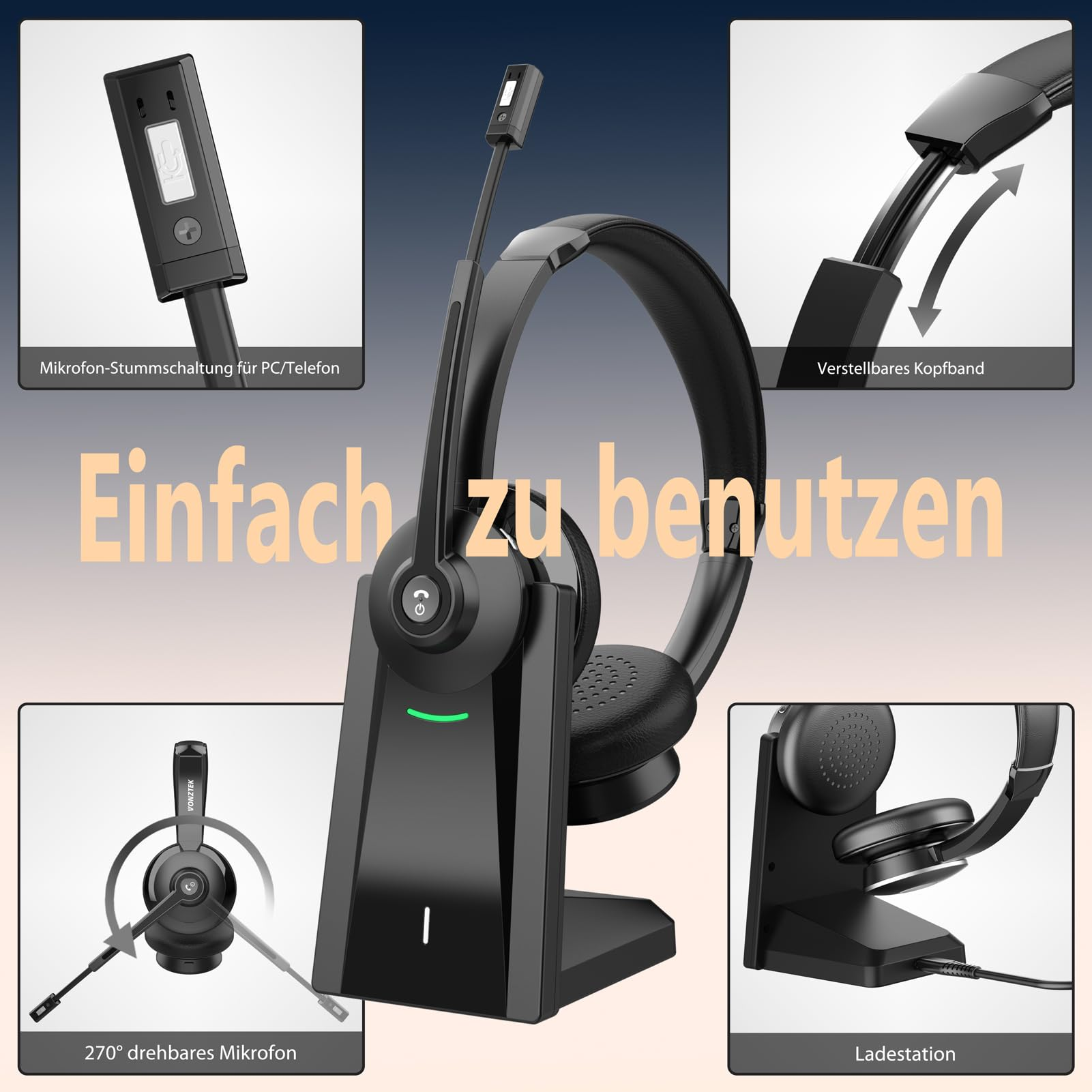 Schwarzes kabelloses Headset auf Ladestation mit Detailansichten für Mikrofon, Kopfband und Dreharm.