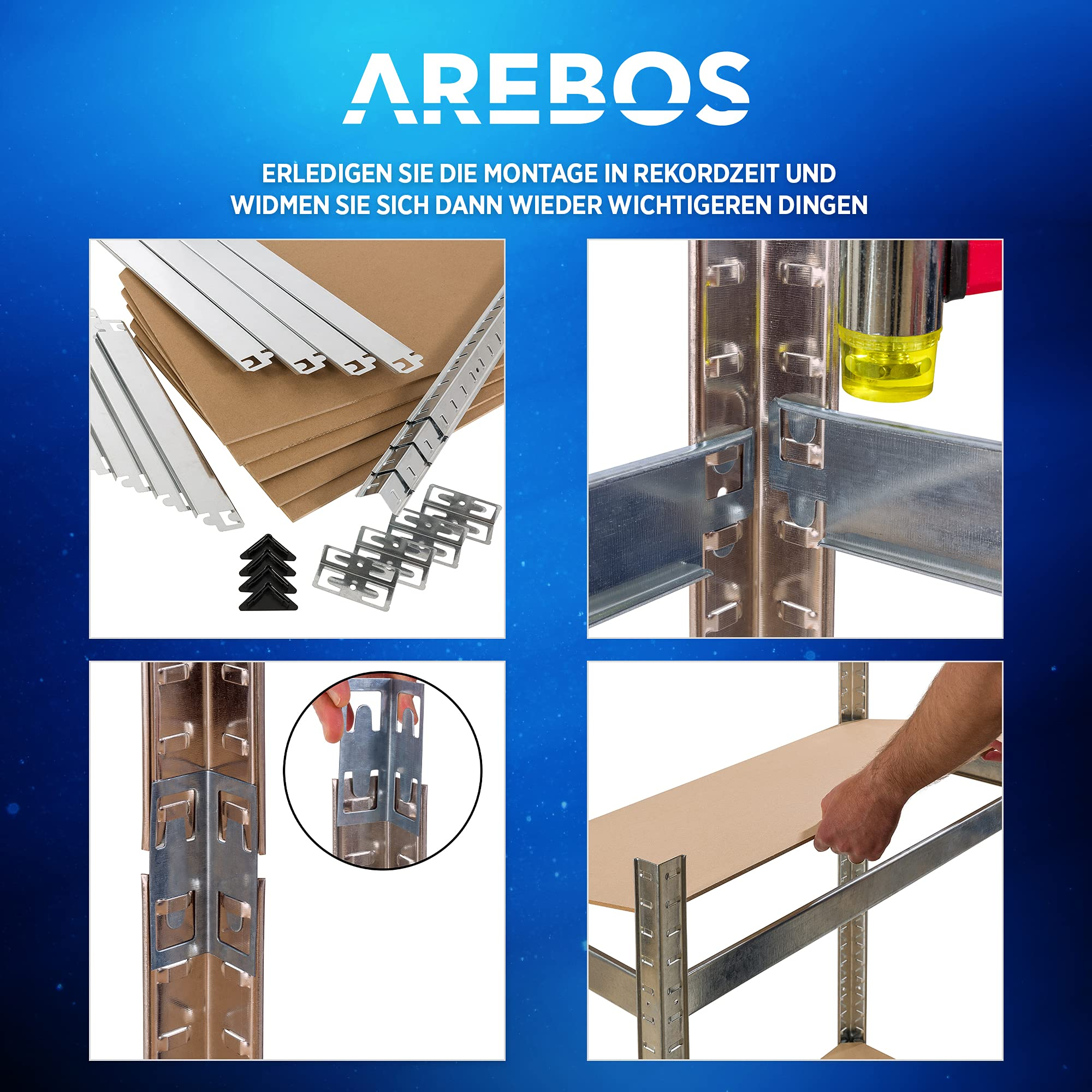 Schritt-für-Schritt-Anleitung für die einfache Montage eines AREBOS Schwerlastregals mit Metallteilen.
