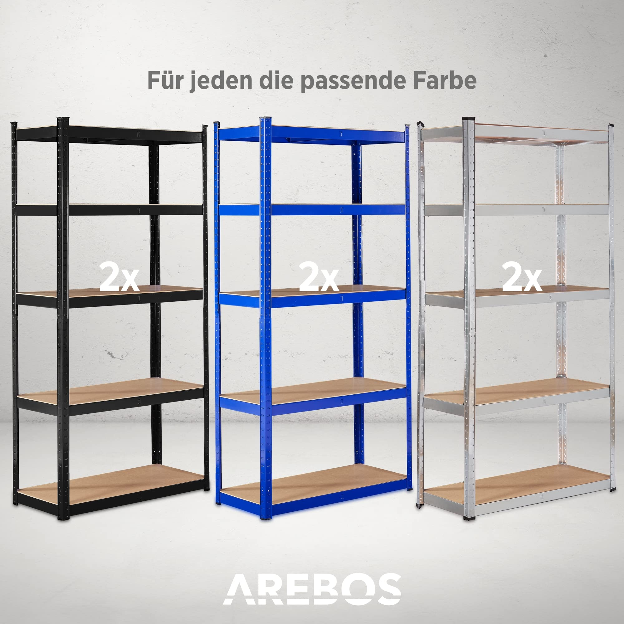 Drei schwere Schwerlastregale in Schwarz, Blau und Silber mit Holzböden vor einer grauen Wand.