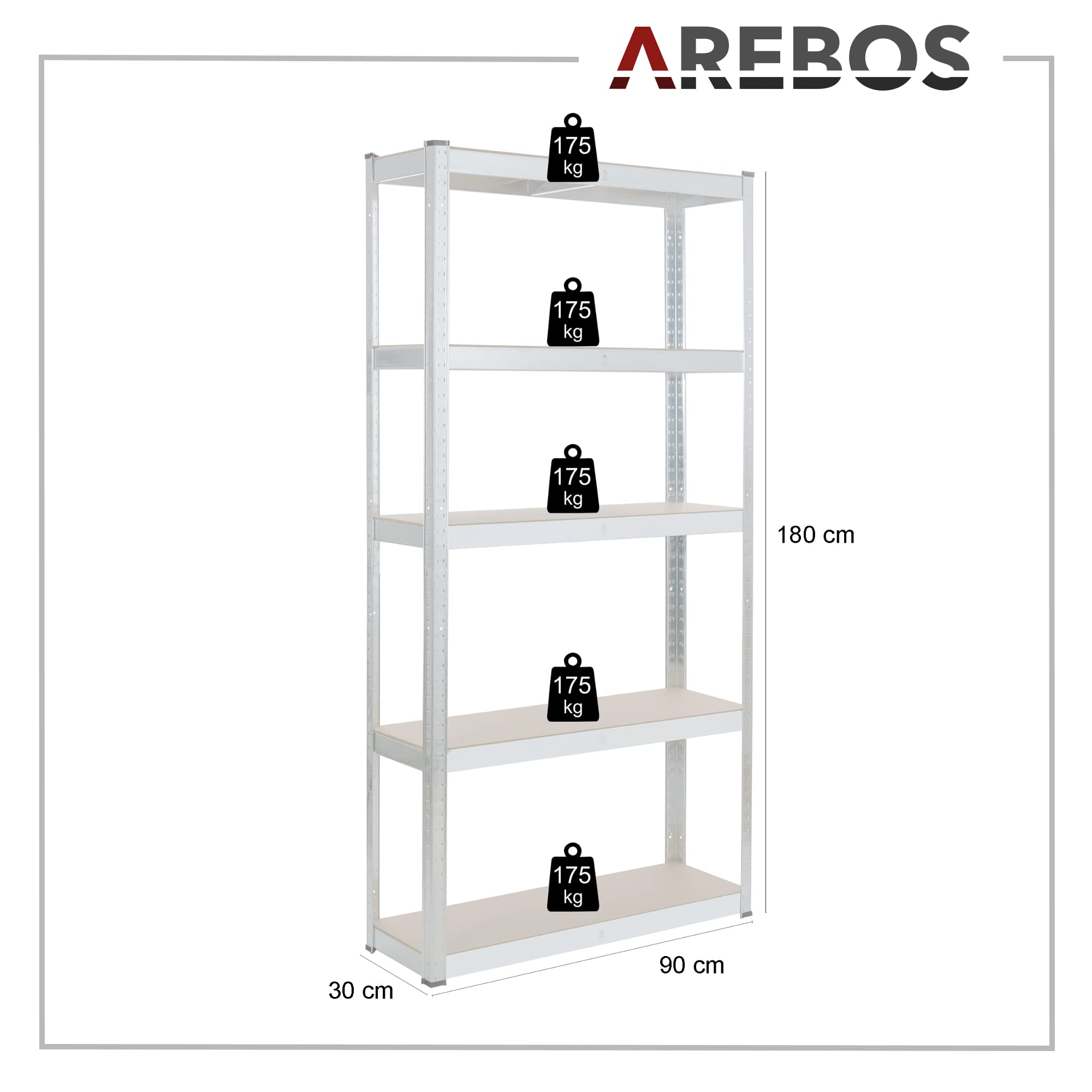 Silbernes AREBOS Schwerlastregal mit fünf Böden, 180x90x30 cm, je 175 kg Tragkraft.