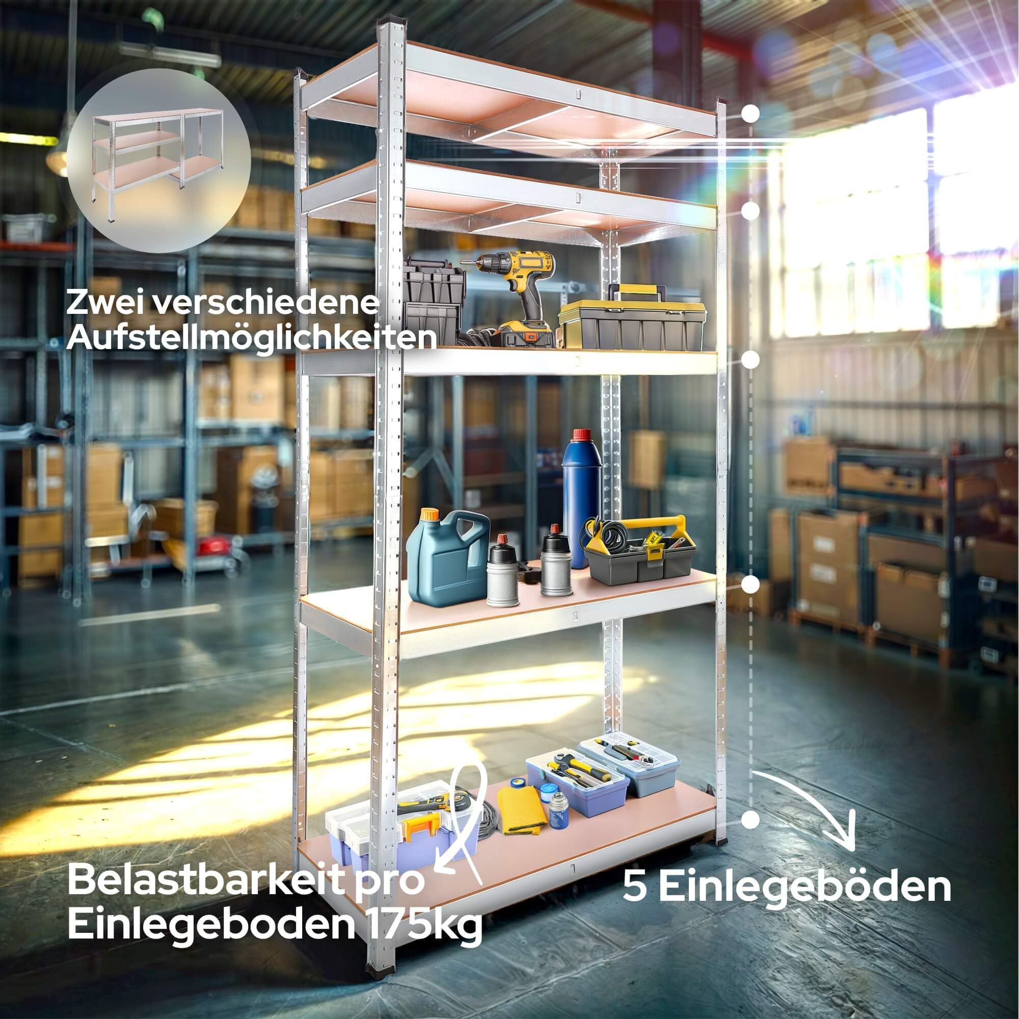 Ein stabiles Metallregal mit fünf Böden voller Werkzeuge in einem großen Lagerhaus.