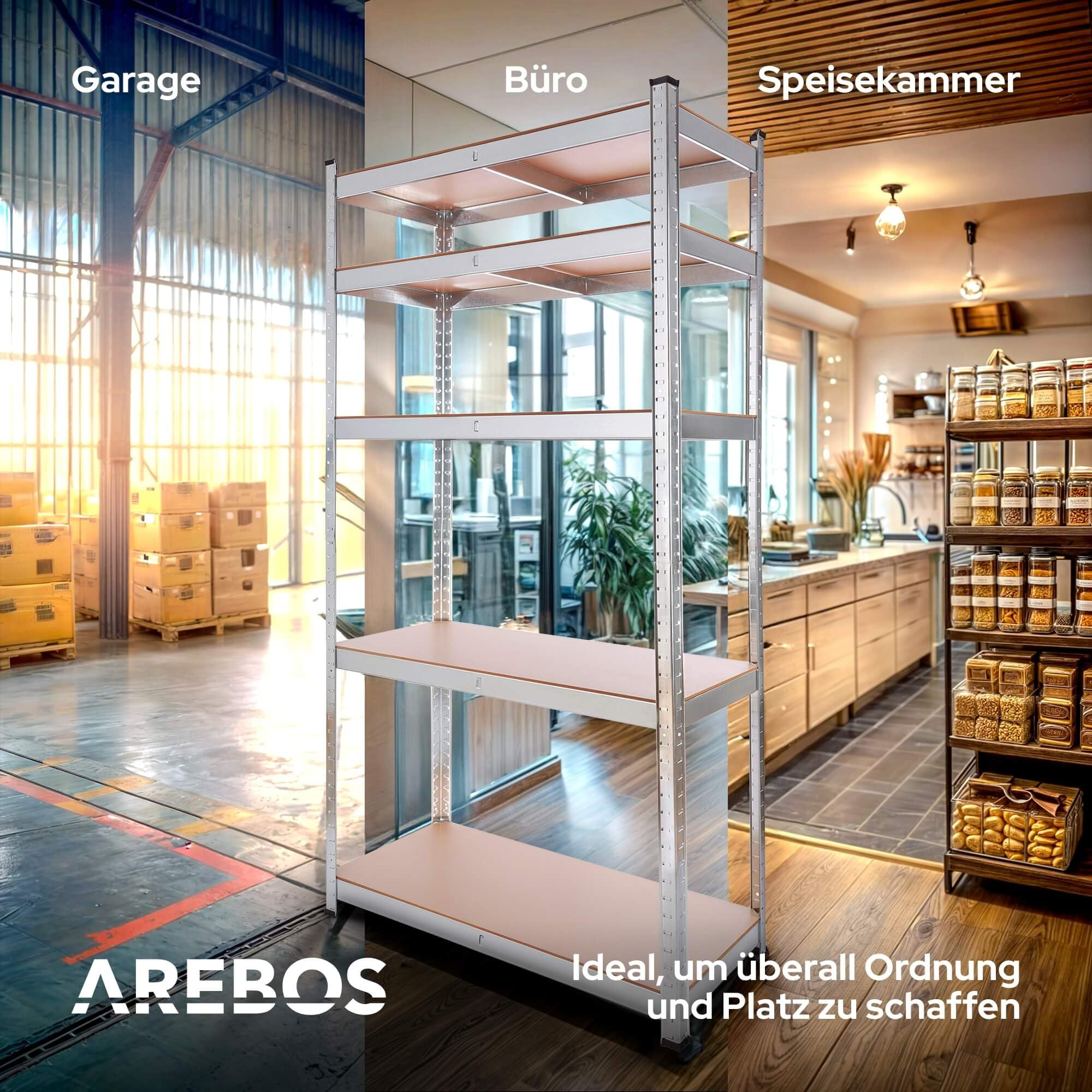 Ein Metallregal im Vordergrund, mit geteilten Hintergründen von Garage, Büro und Speisekammer.