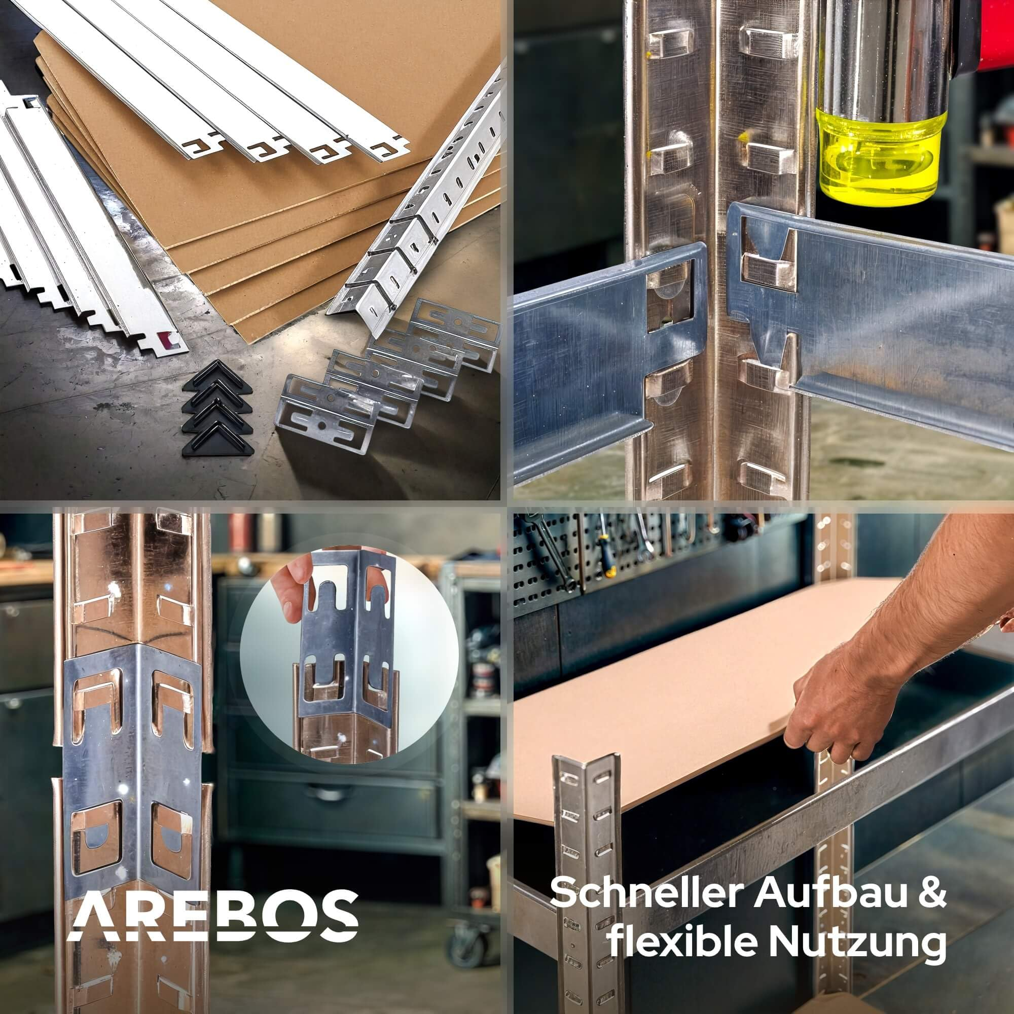 Verschiedene Ansichten zeigen den einfachen Zusammenbau von Arebos Regalen mit Metallteilen und Holz.