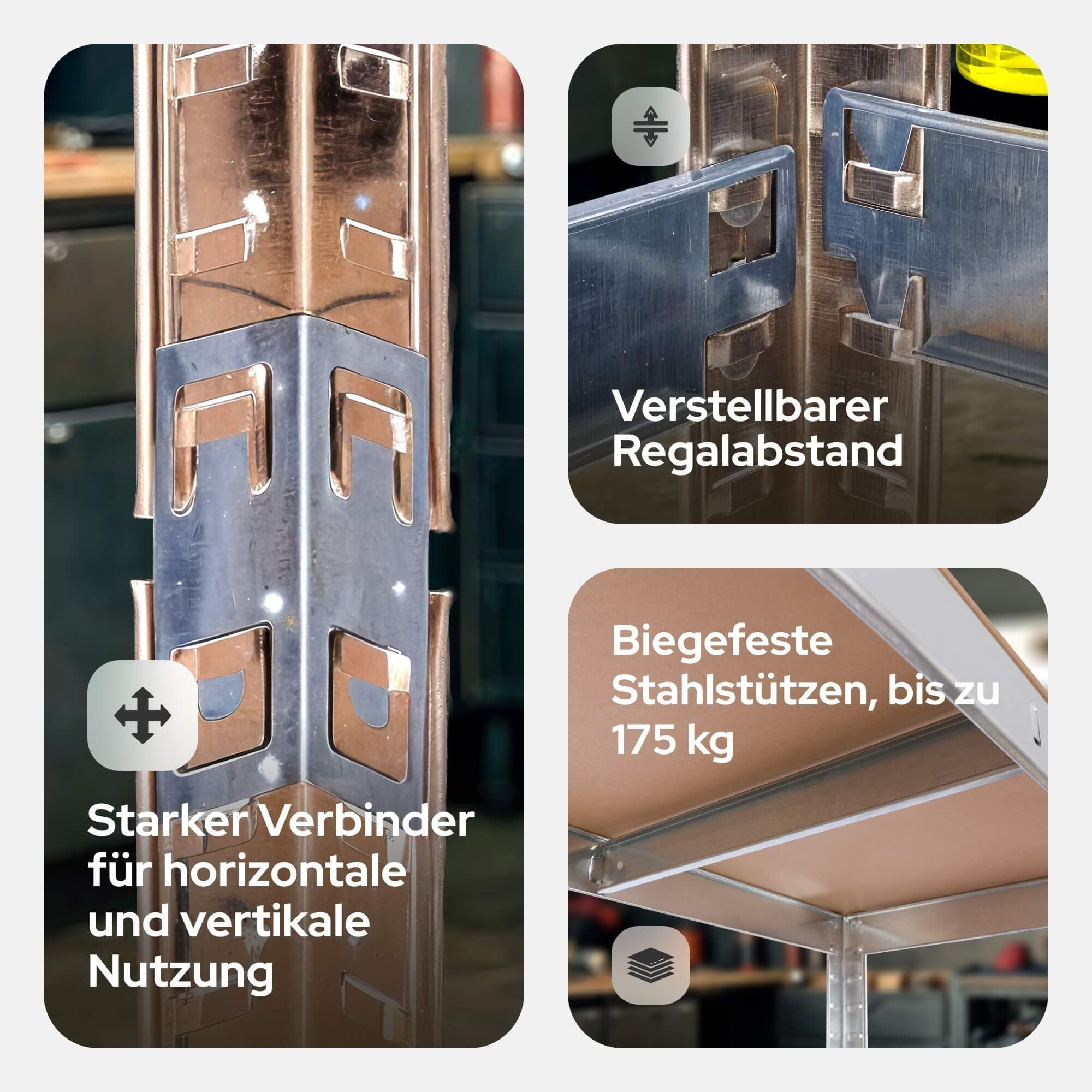 Stahlregal-Details mit Steckverbindern, verstellbaren Abständen und stabilen Stützen bis 175 kg.
