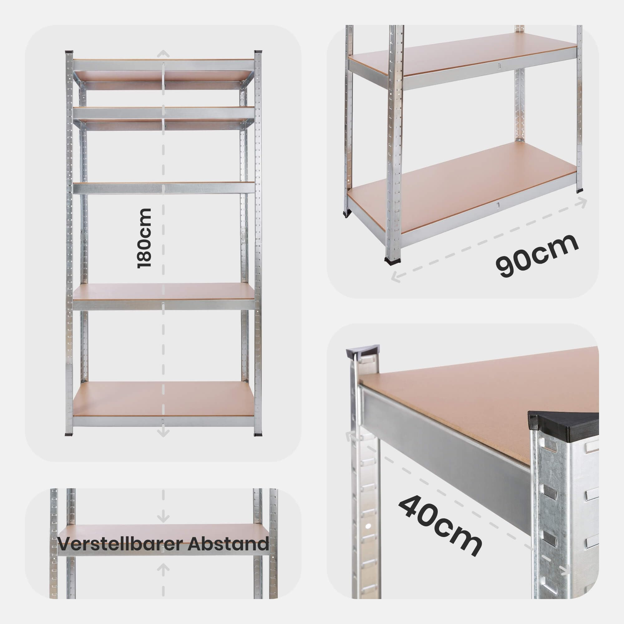 Ein Metallregal mit Holzböden und Maßangaben wie 180cm, 90cm und 40cm.