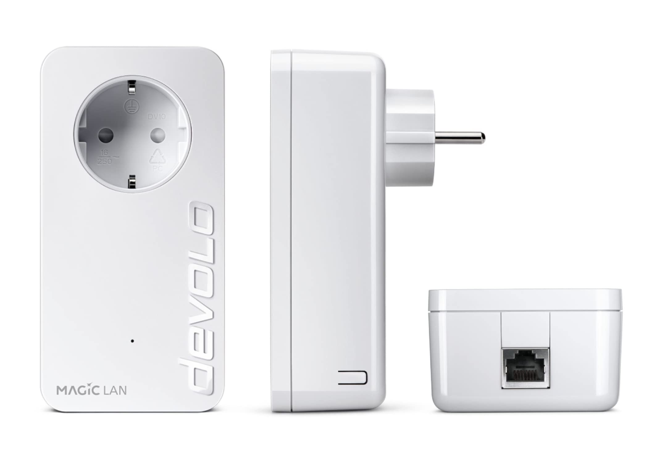 Adattatore Devolo Magic LAN bianco visto frontalmente, di lato con spina e dal basso con porta ethernet su sfondo bianco.