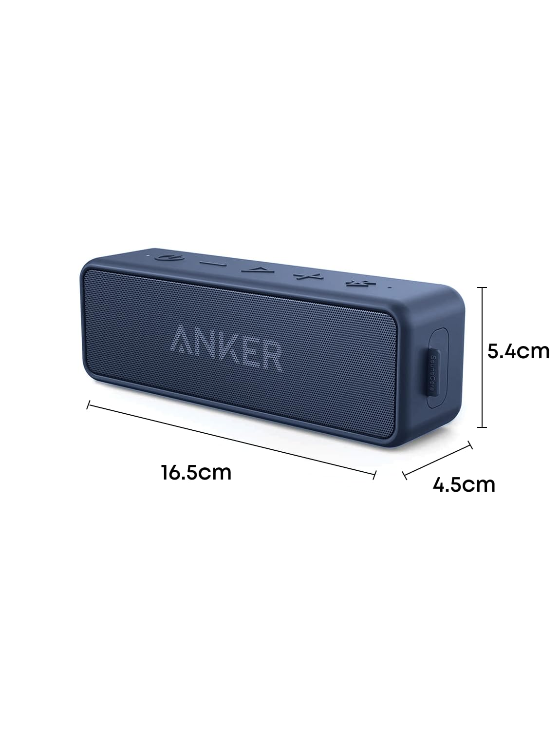 Enceinte Bluetooth Anker bleue avec dimensions : 16,5 cm de large, 5,4 cm de haut, 4,5 cm de profondeur.