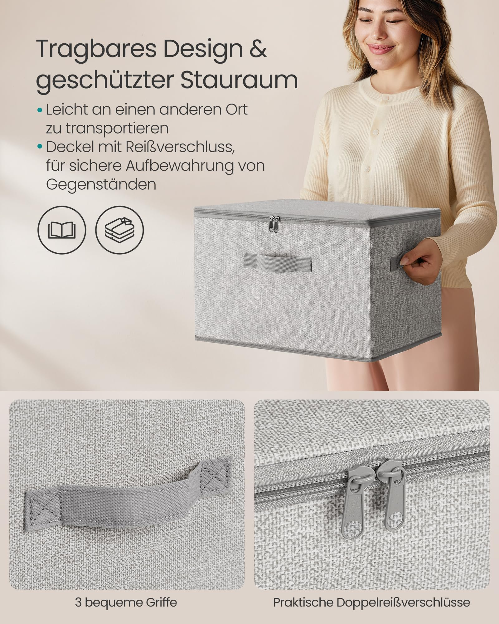Una donna sorridente tiene una scatola portaoggetti in tessuto grigio con maniglie e coperchio con zip.