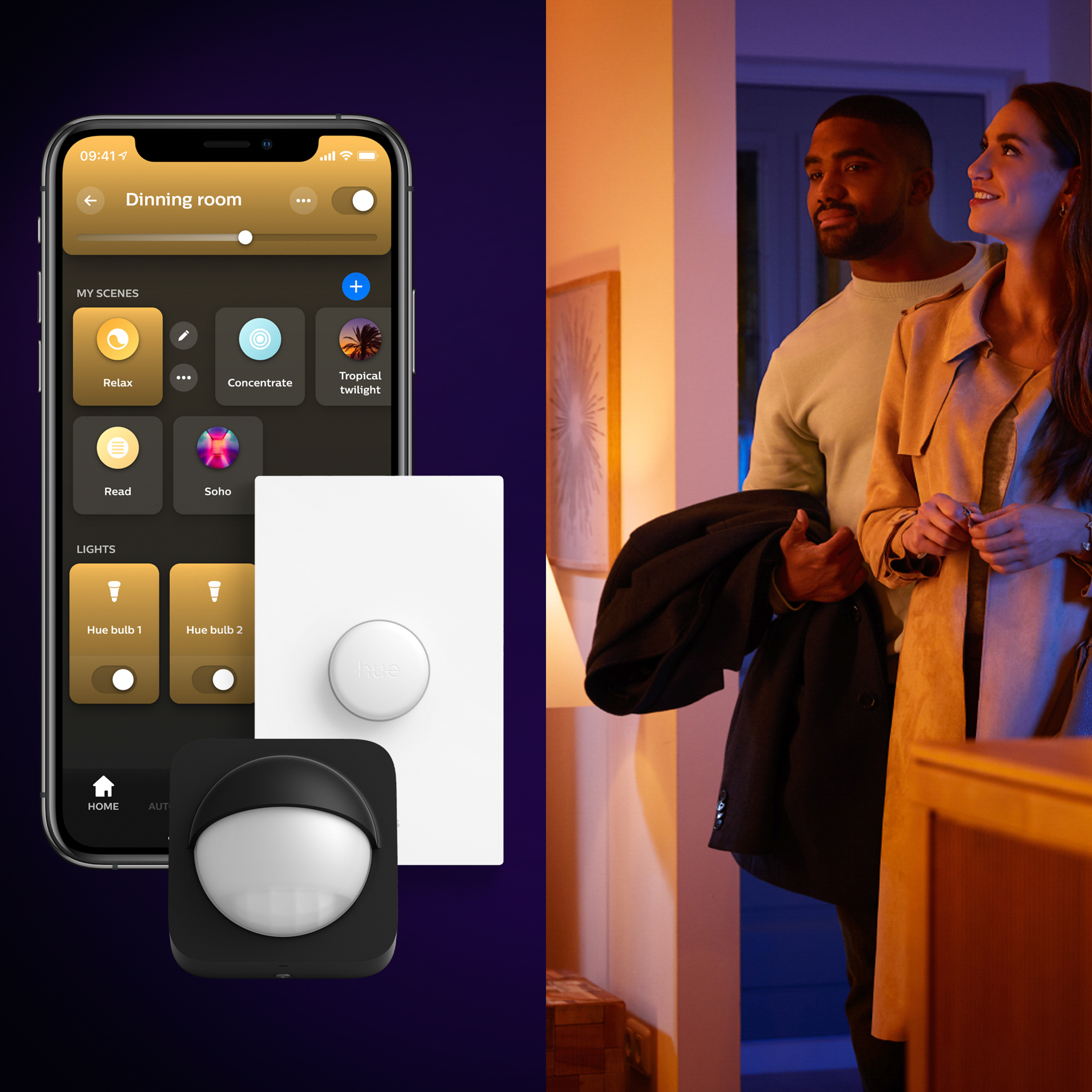 Smartphone con app, interruttore smart, sensore e una coppia che arriva a casa.