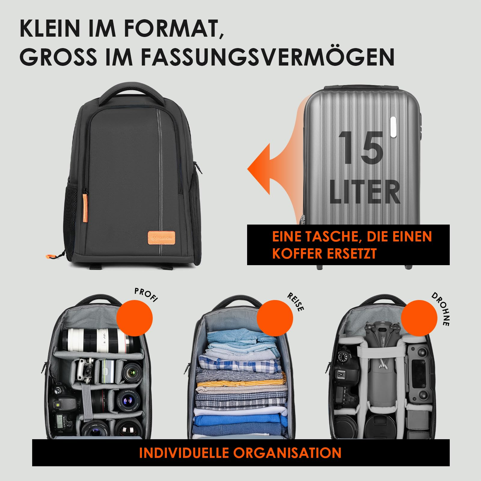 Ein grauer Rucksack mit 15 Liter Fassungsvermögen, gezeigt mit verschiedenen Organisationsmöglichkeiten für Kamera, Kleidung und Drohne.