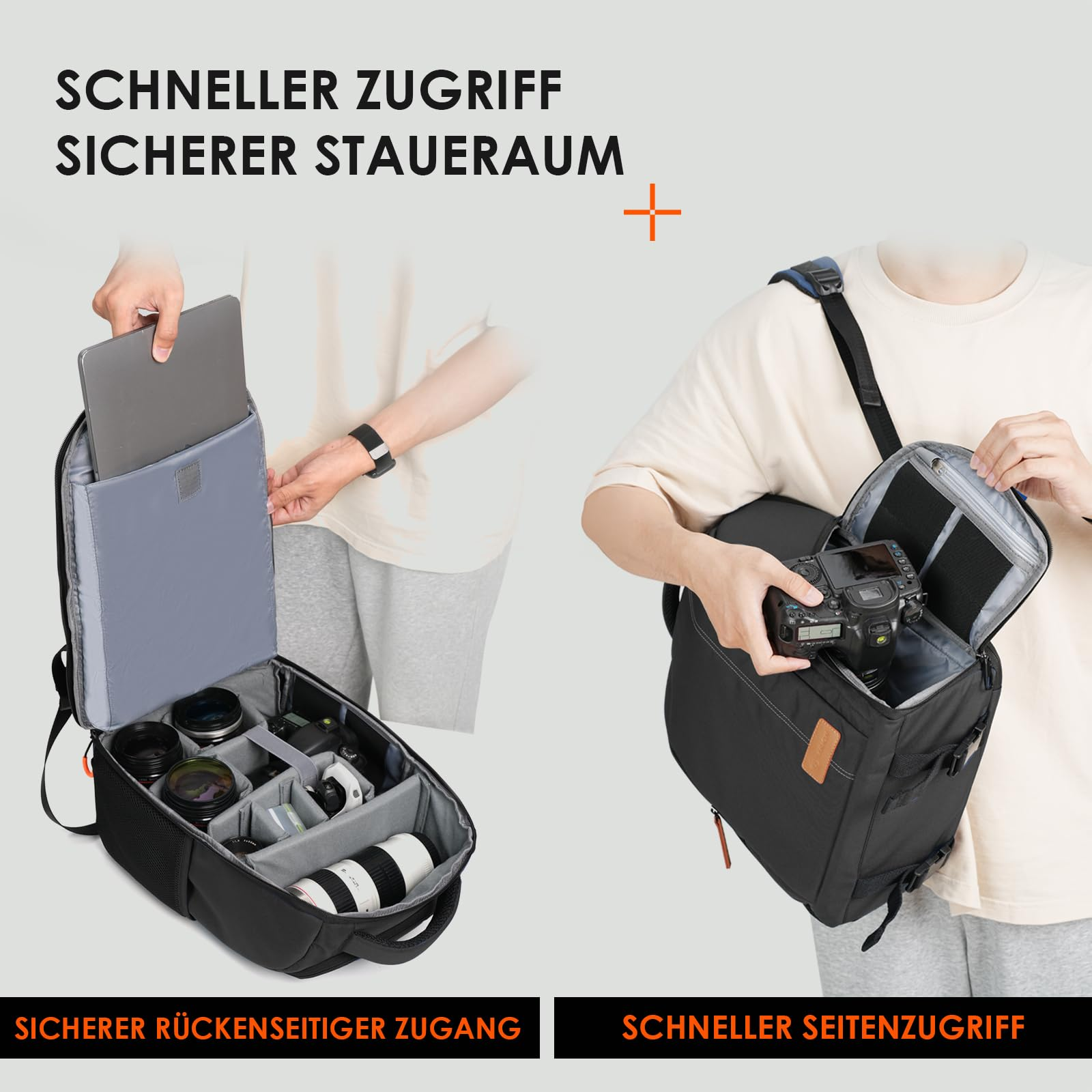 Ein Mann zeigt eine Kameratasche mit Laptopfach und seitlichem Schnellzugriff.
