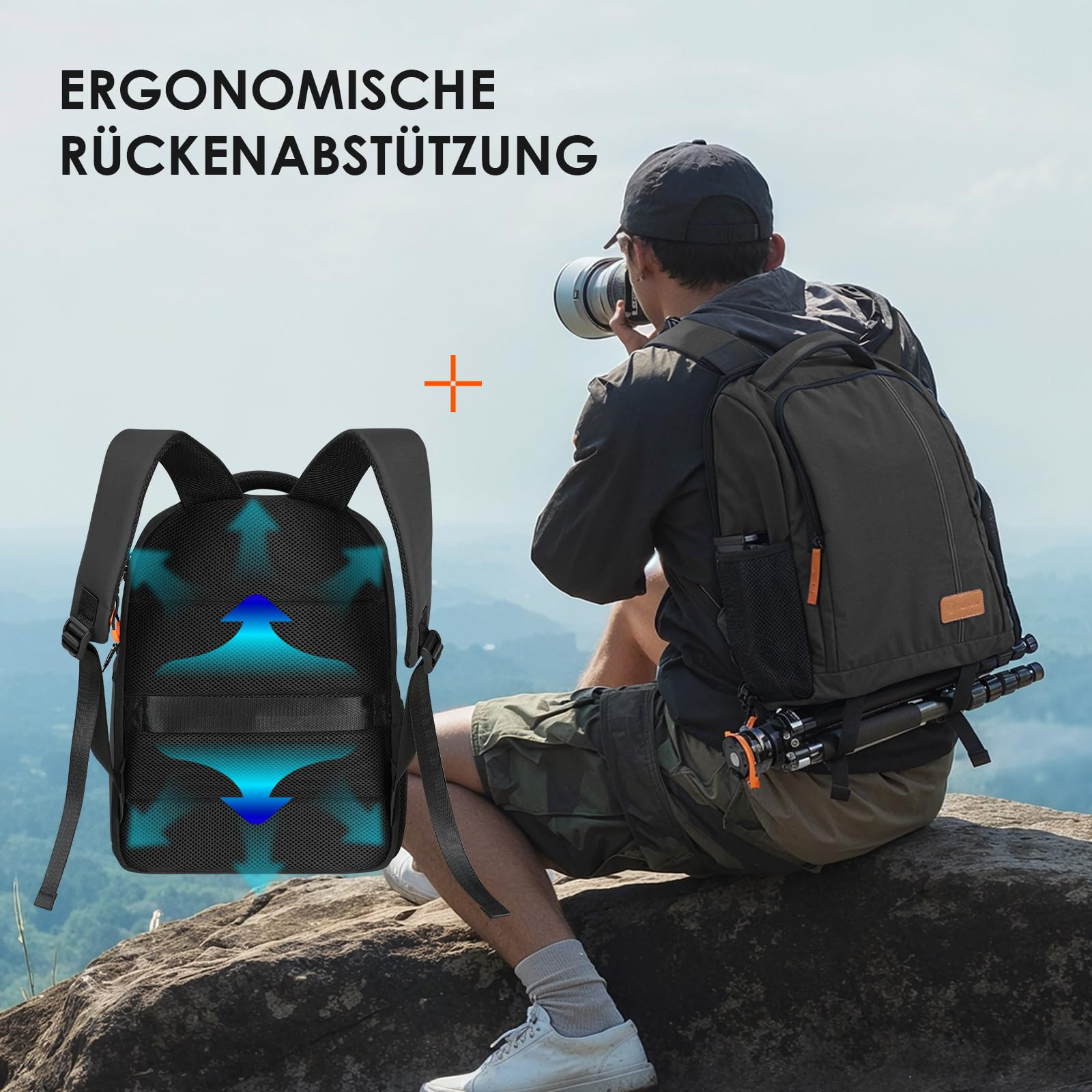 Ein Fotograf sitzt auf einem Felsen, mit Kameraseminar und Rucksack-Ergonomie.