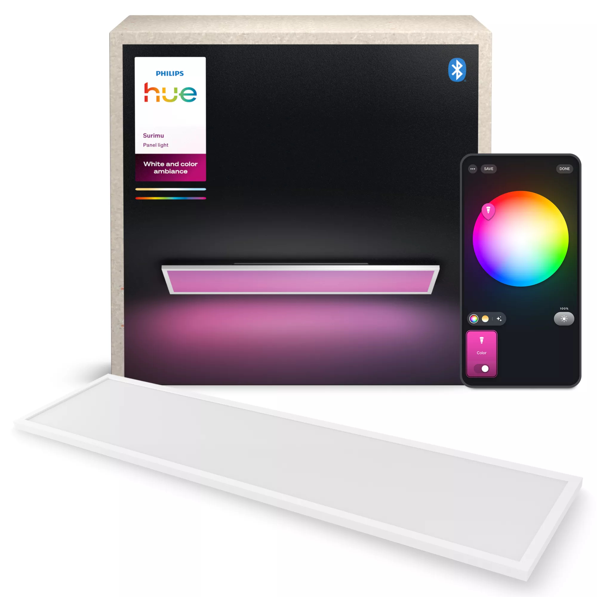 Pannello LED Philips Hue Surimu bianco davanti alla confezione del prodotto e a un'app di controllo del colore.