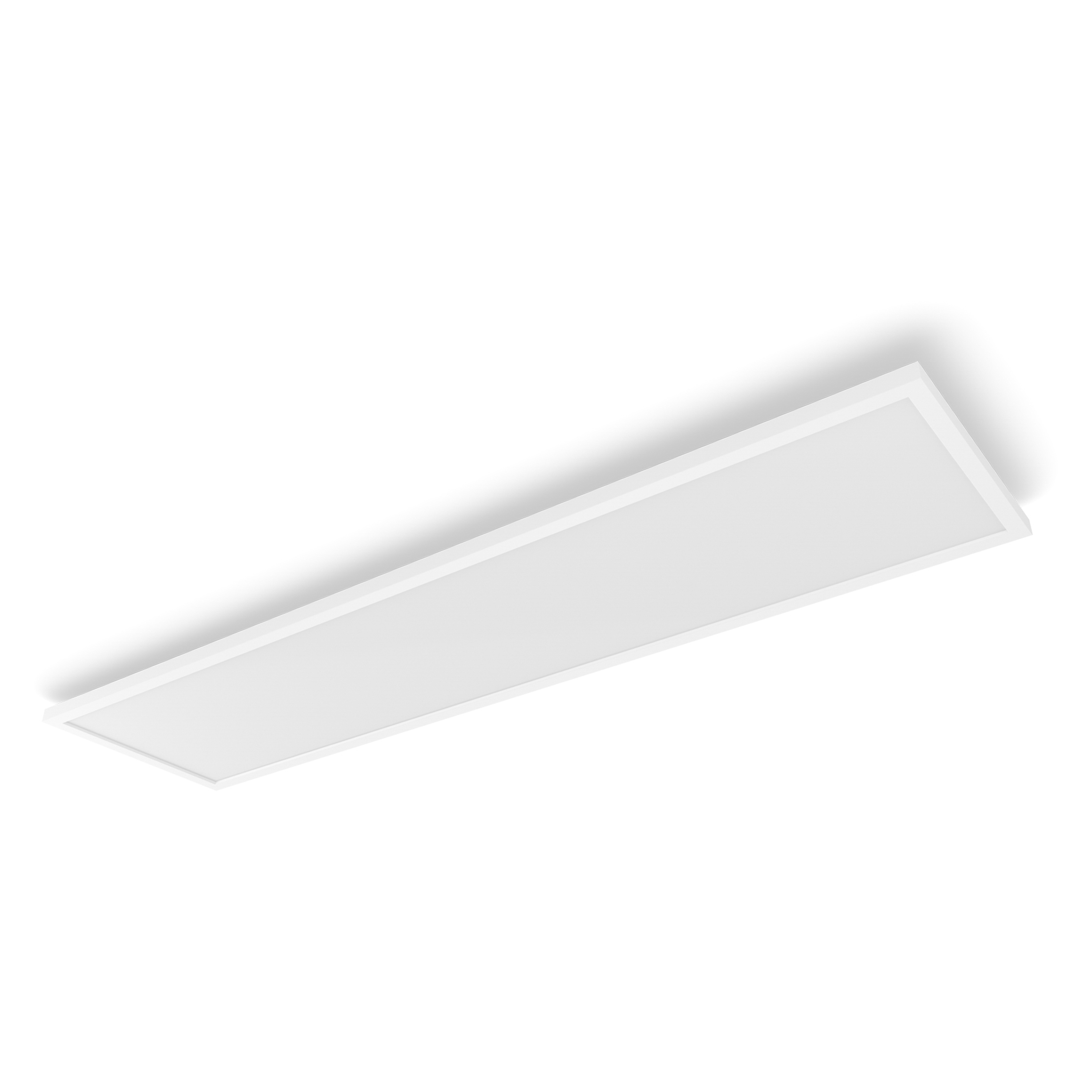 Un lungo pannello LED da soffitto bianco emette luce uniforme su sfondo bianco.