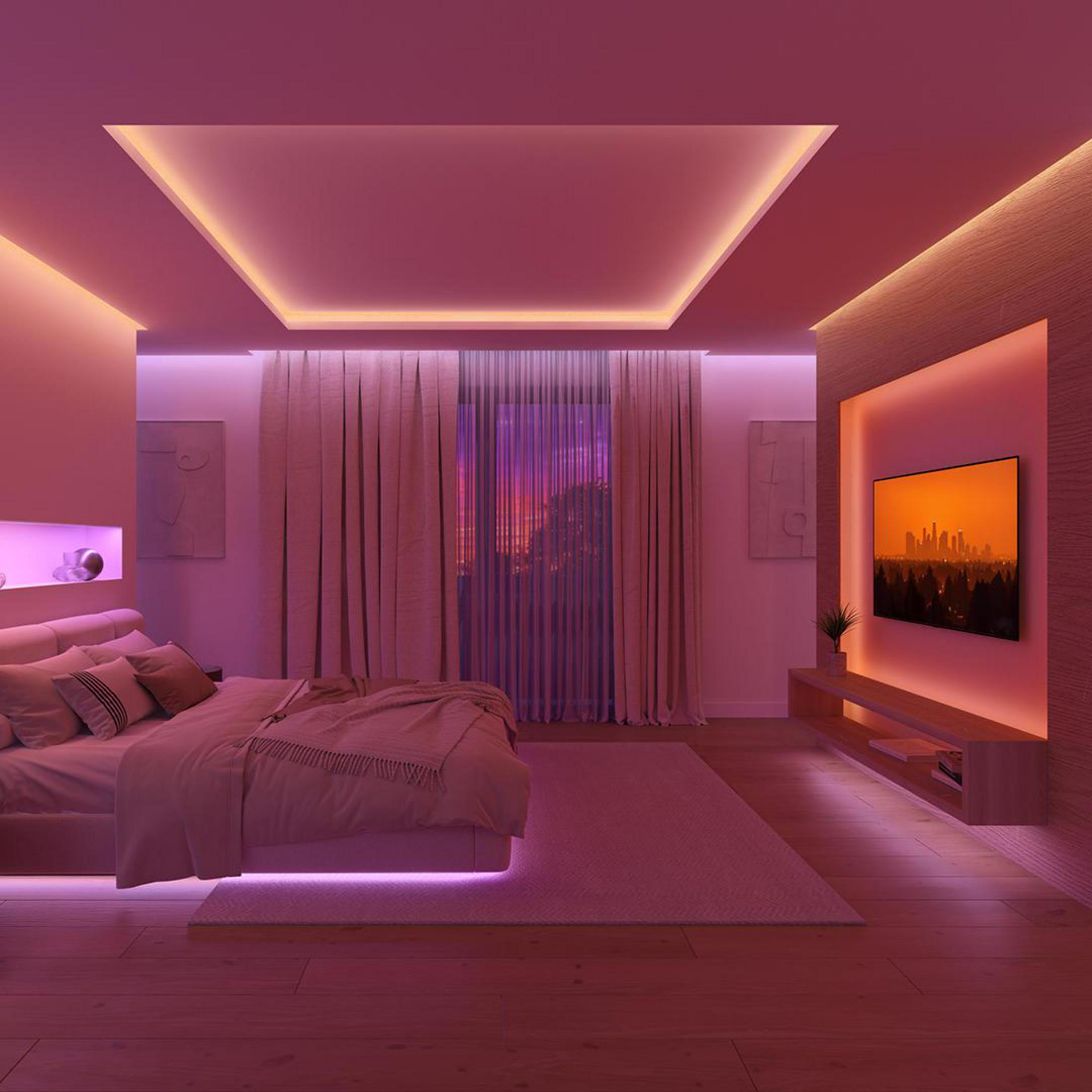 Una camera da letto moderna illuminata con luci LED rosa, letto, TV e grande finestra.