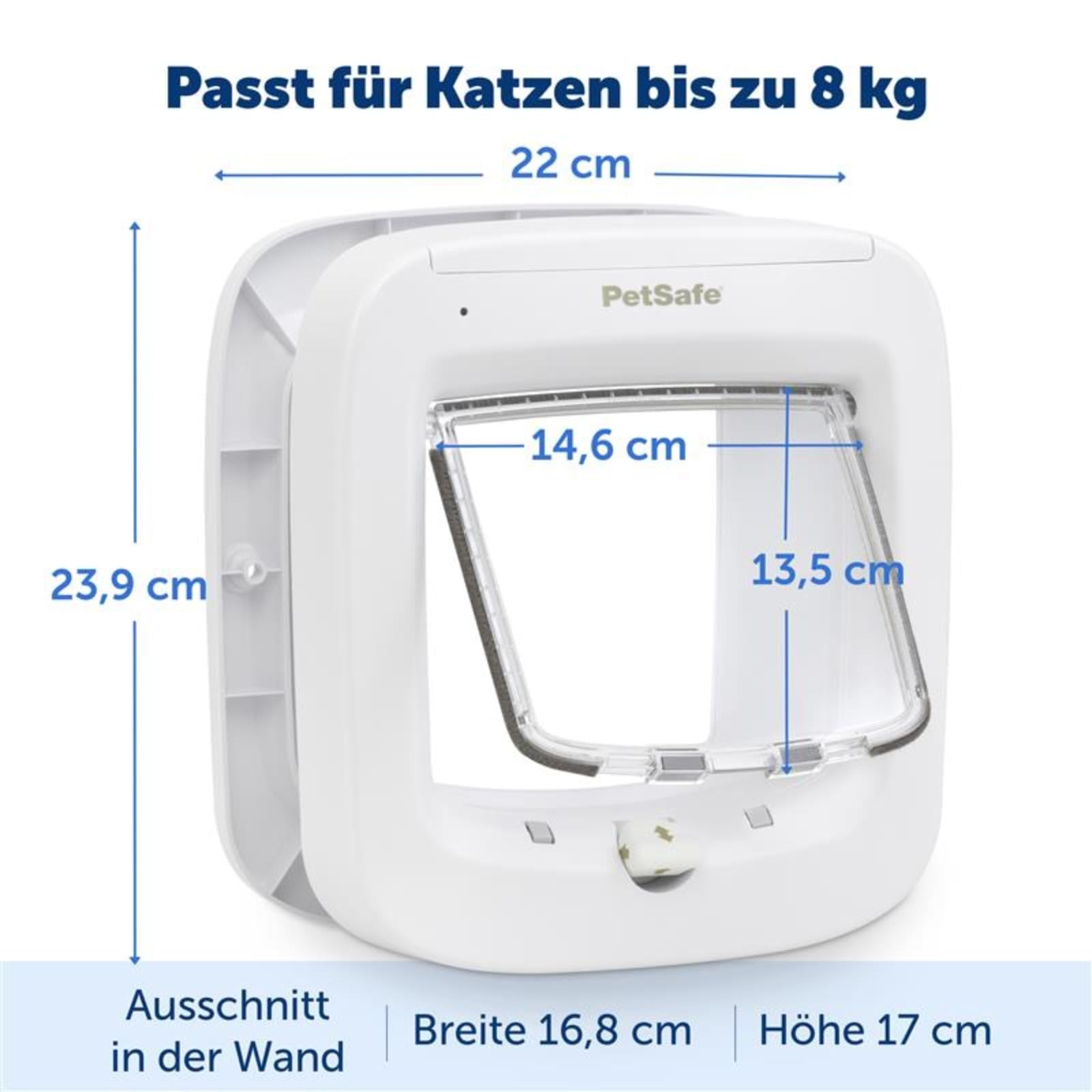 Weisse PetSafe Katzenklappe mit Massangaben für Katzen bis 8 kg, Breite 22 cm und Höhe 23,9 cm.