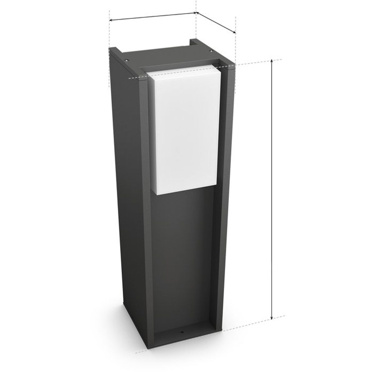 Moderno paletto luminoso grigio con diffusore bianco e linee di quota su sfondo bianco.