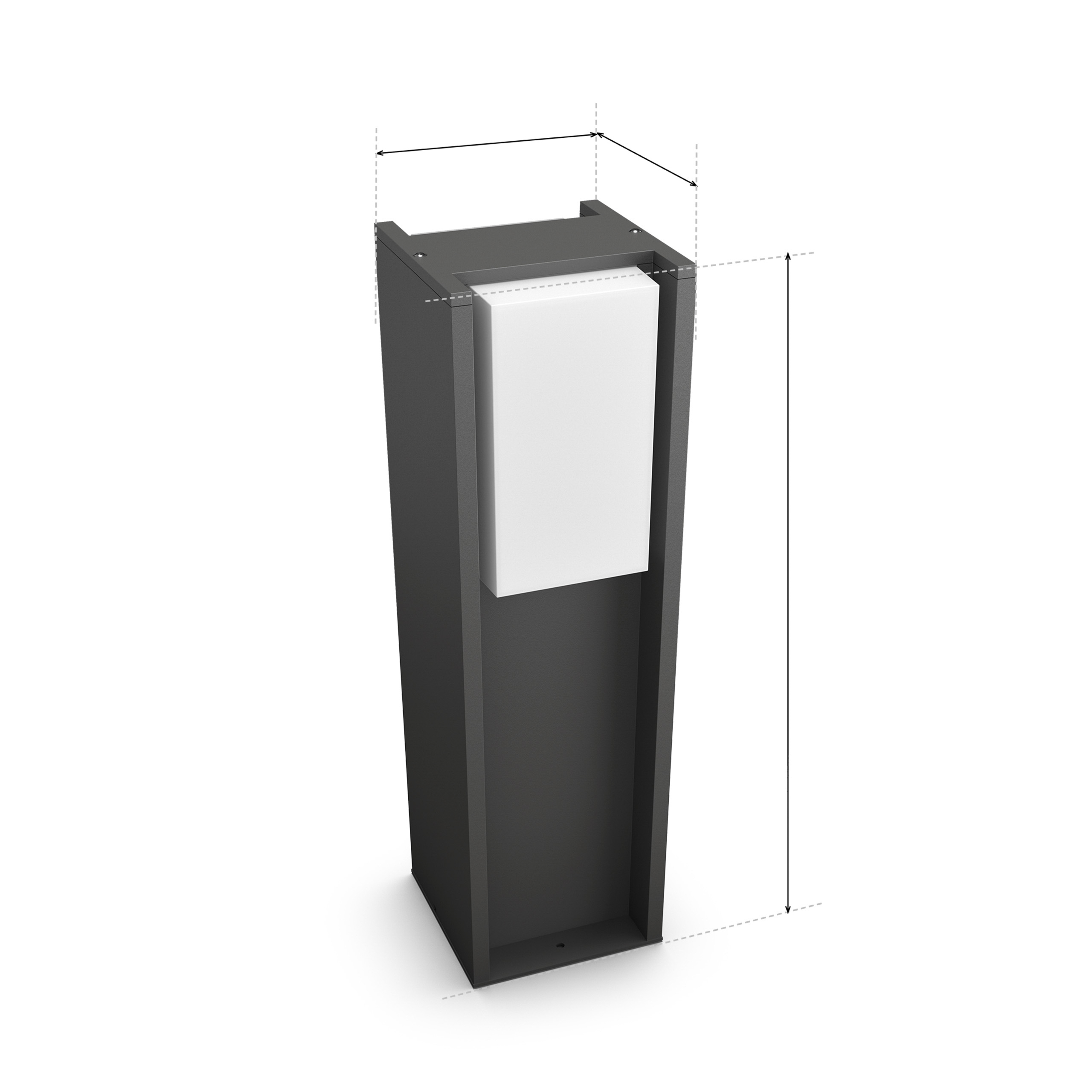 Disegno tecnico di un paletto luminoso grigio con linee di misurazione dimensionale su sfondo bianco.