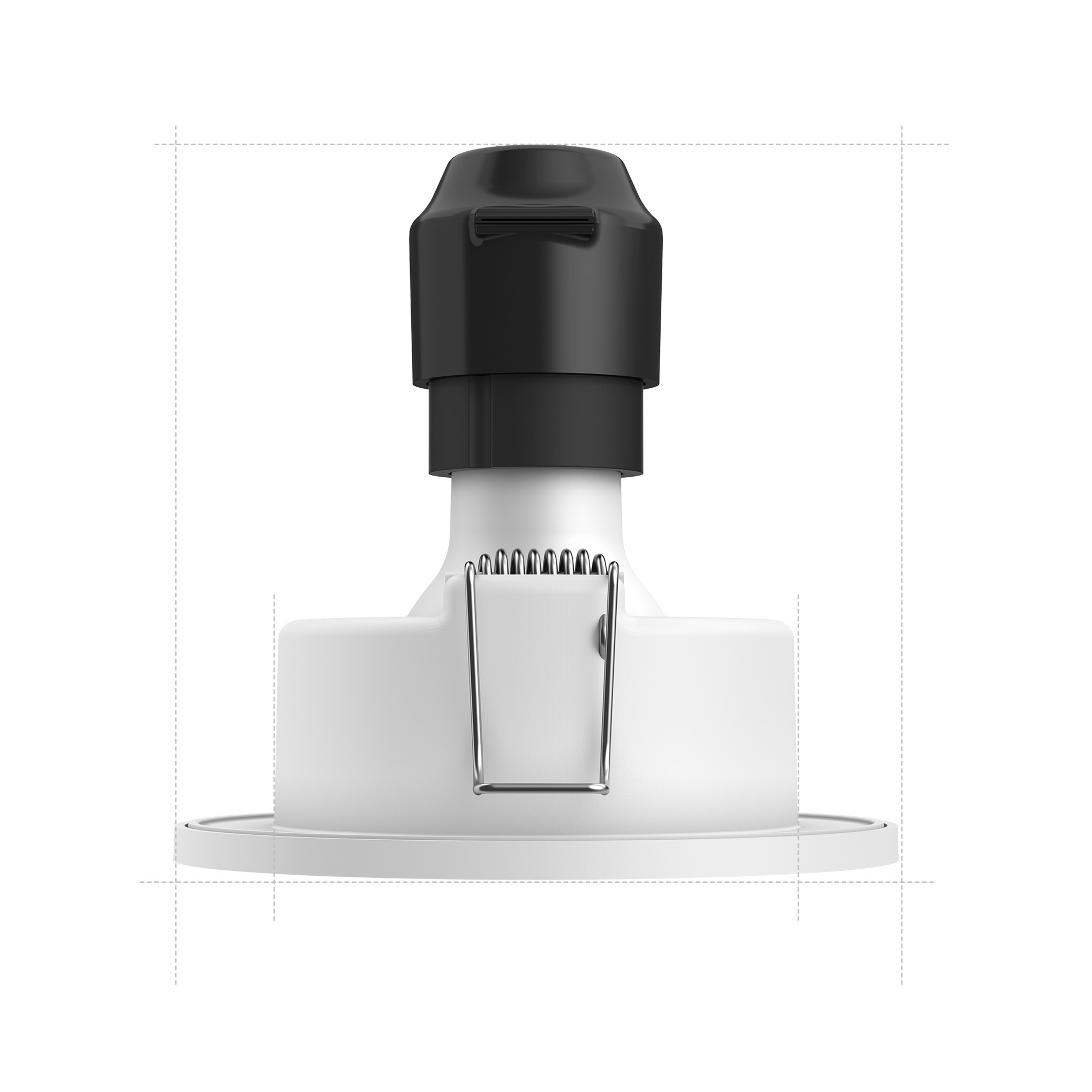 Un apparecchio da incasso bianco con connettore superiore nero e clip a molla in metallo su sfondo bianco.