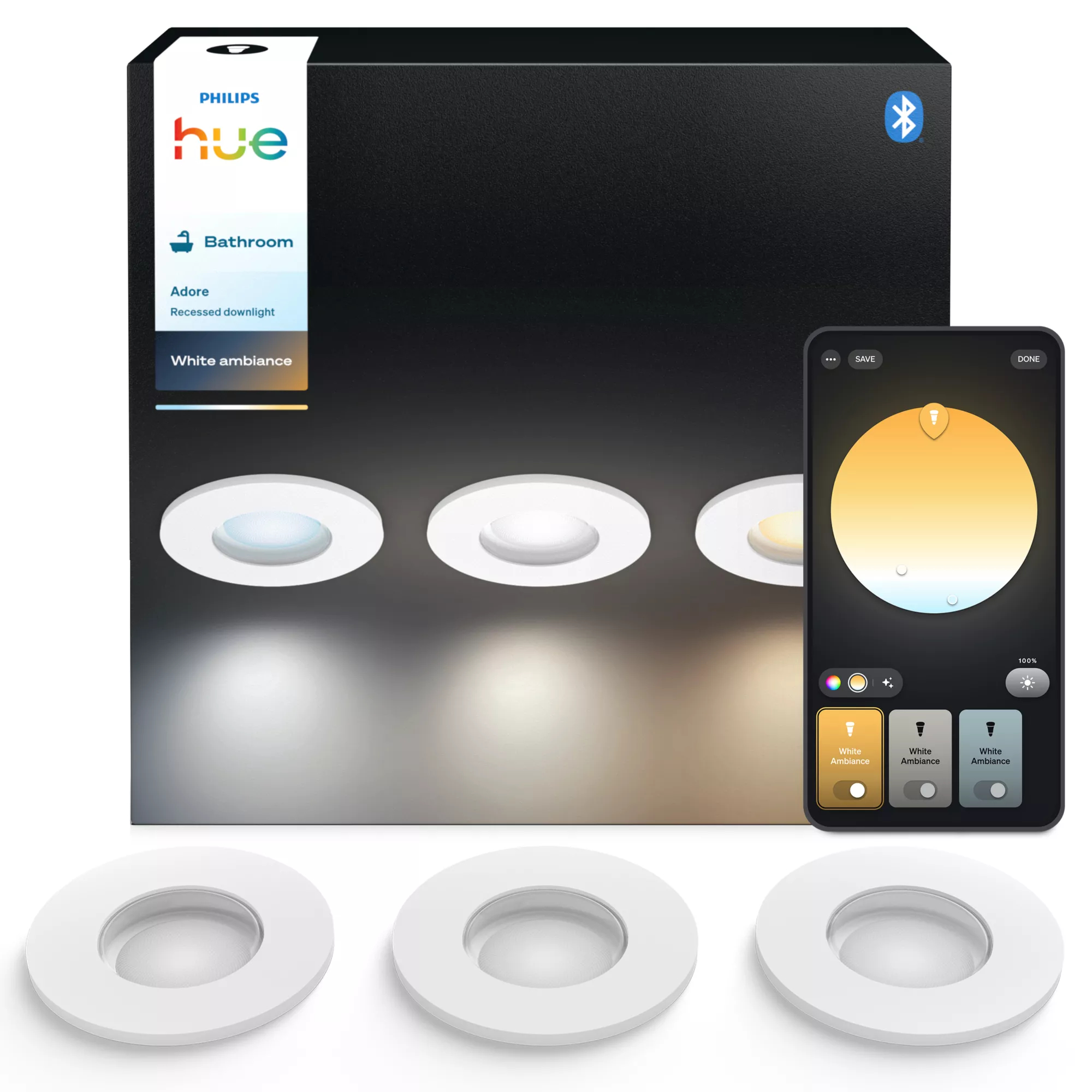 Scatola faretti da incasso per bagno Philips Hue Adore con tre luci bianche e controllo app.