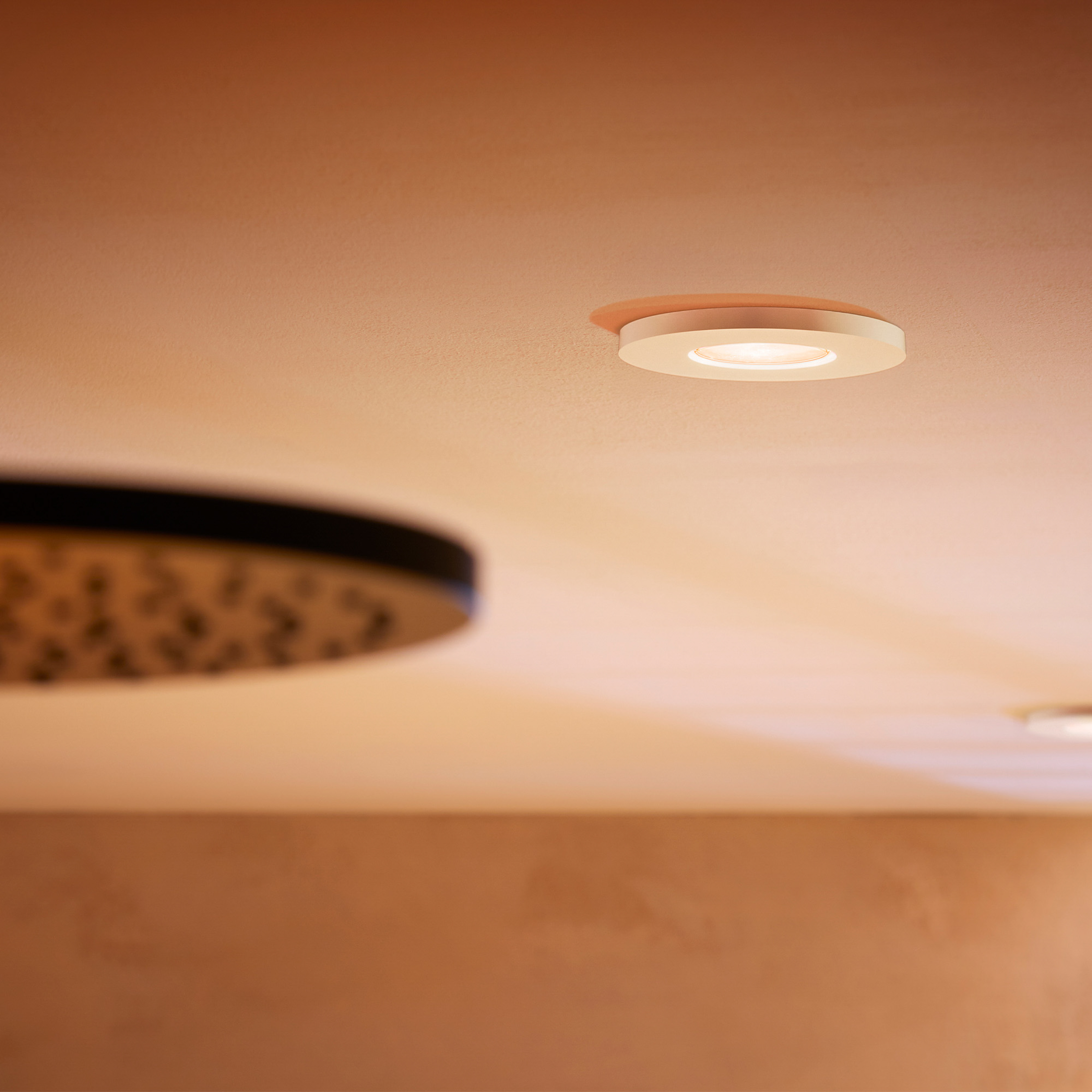 Una plafoniera tonda e luminosa e un soffione doccia grande e sfocato.