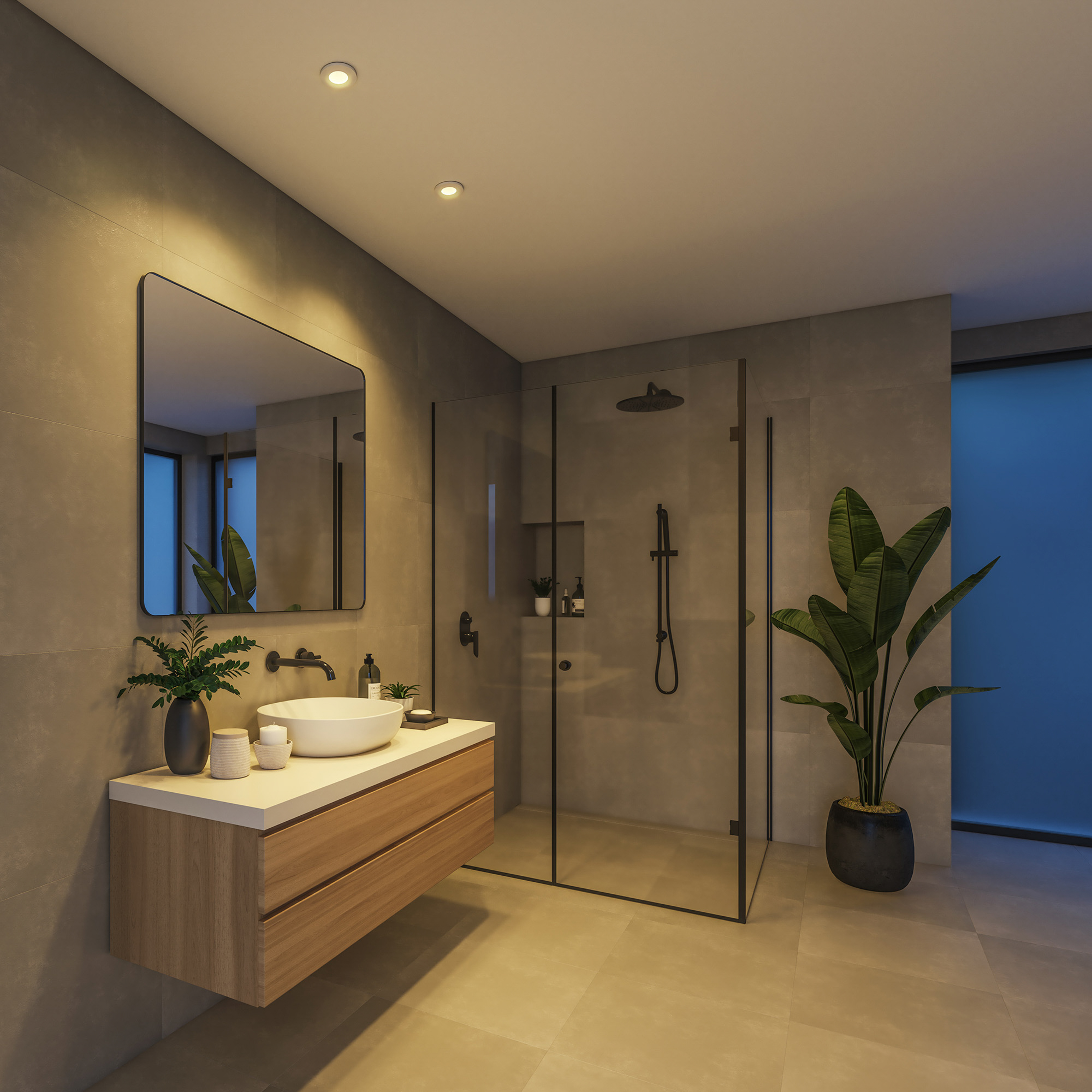 Moderno bagno grigio con mobile in legno, lavabo da appoggio, specchio illuminato e doccia in vetro.