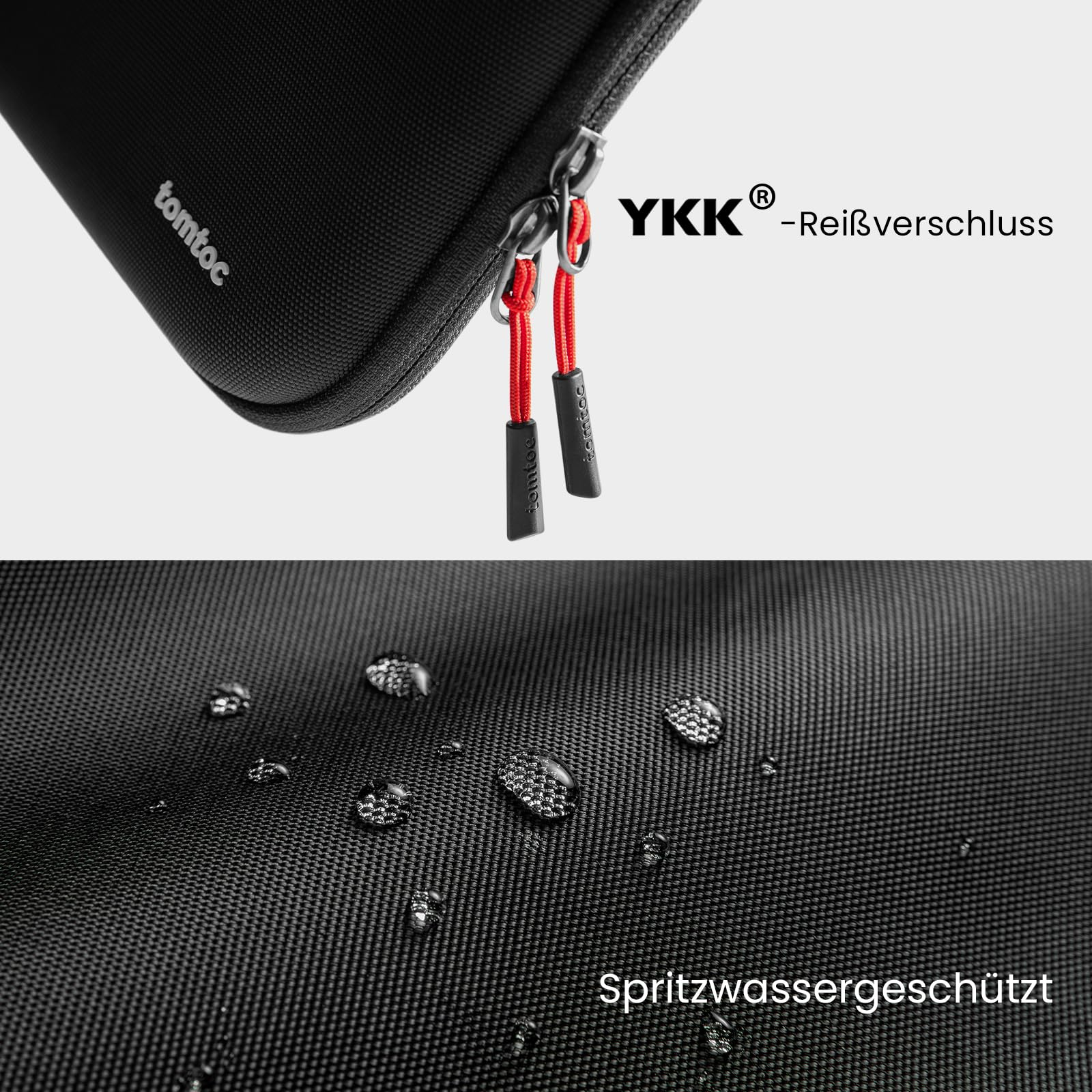 Tomtoc-Tasche mit YKK-Reißverschluss und wasserabweisender Oberfläche.