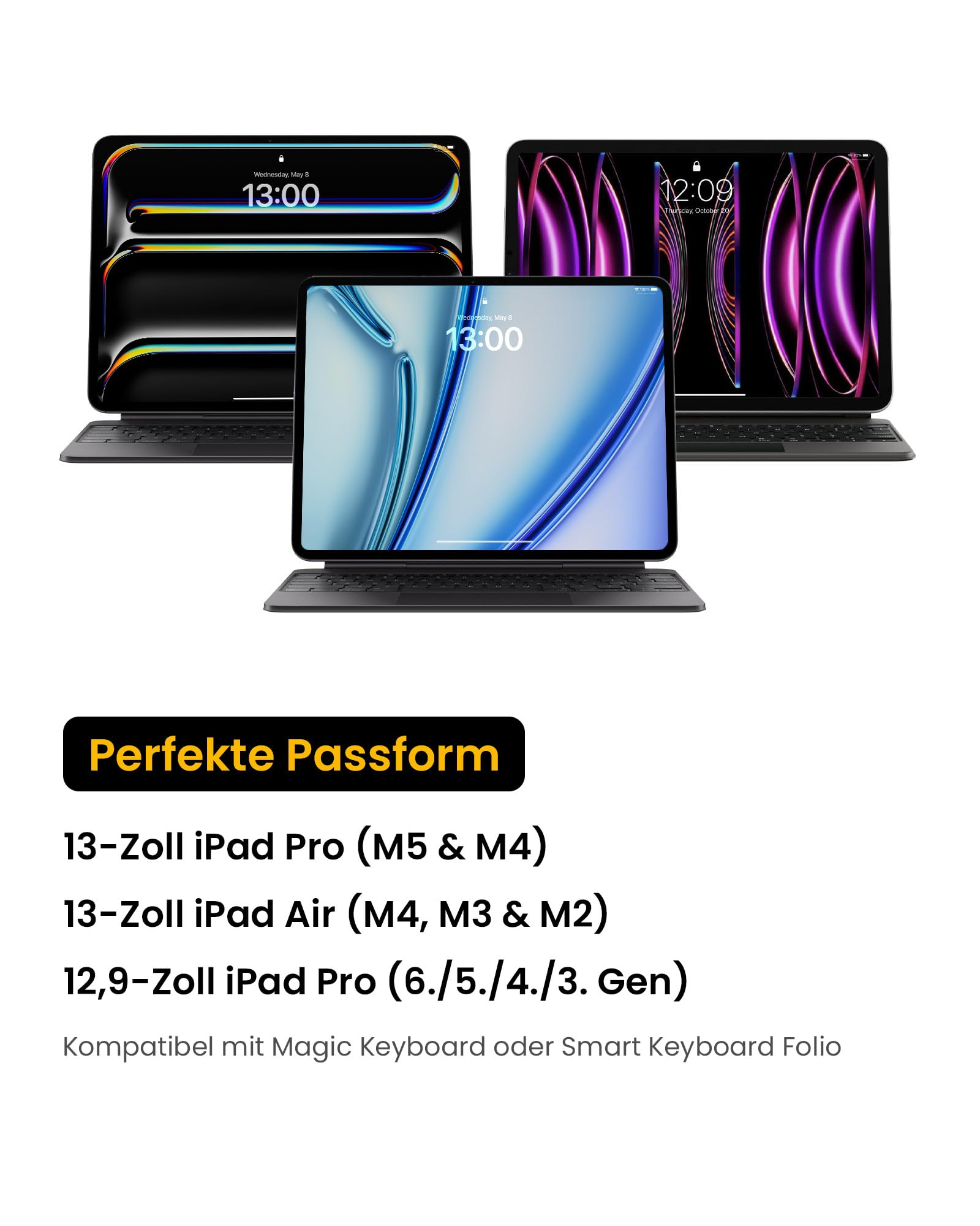 Drei iPads mit Tastaturen und Text zur Kompatibilität.