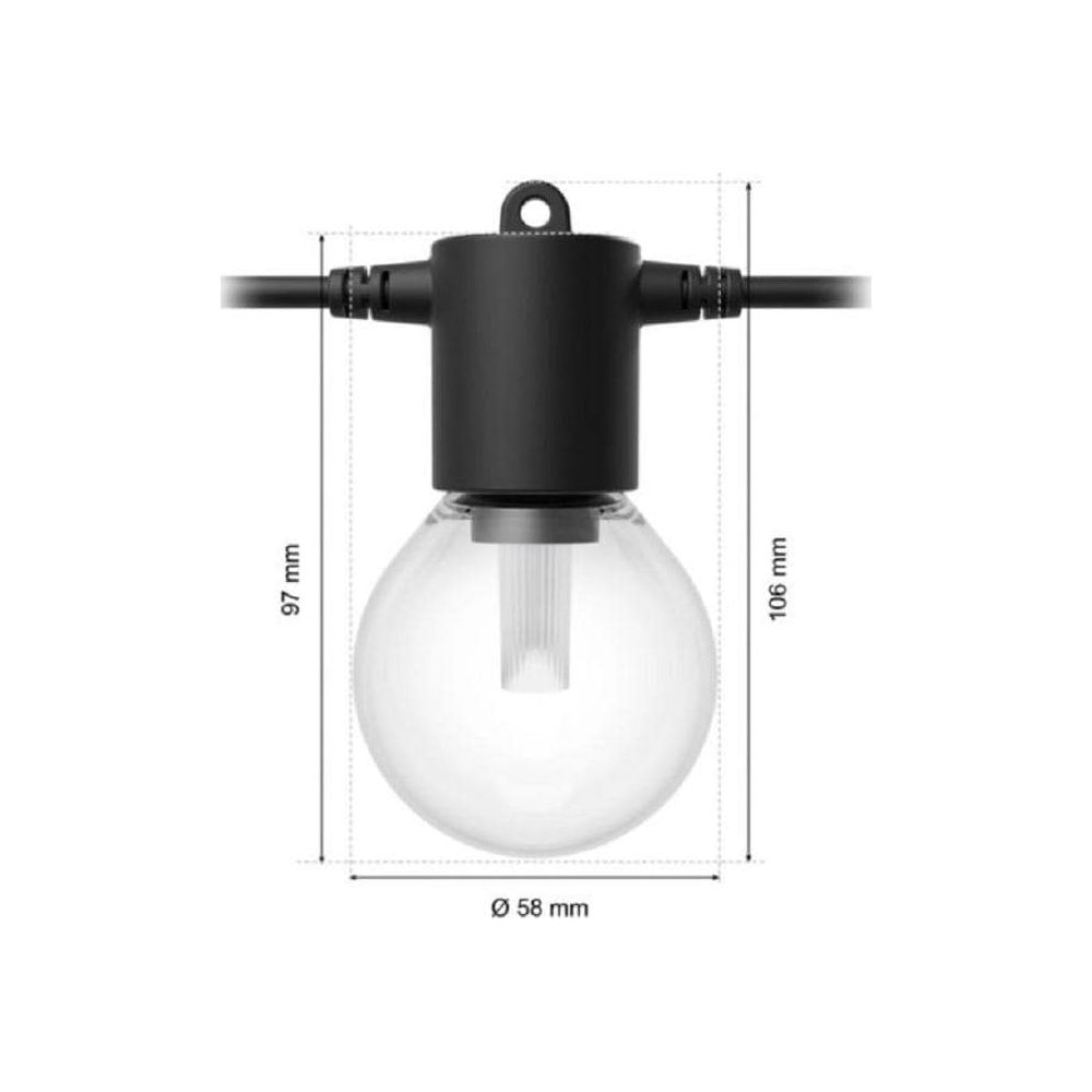 Disegno tecnico di una lampadina per catena luminosa nera con dimensioni: altezza 97 mm, altezza totale 106 mm e diametro 58 mm.