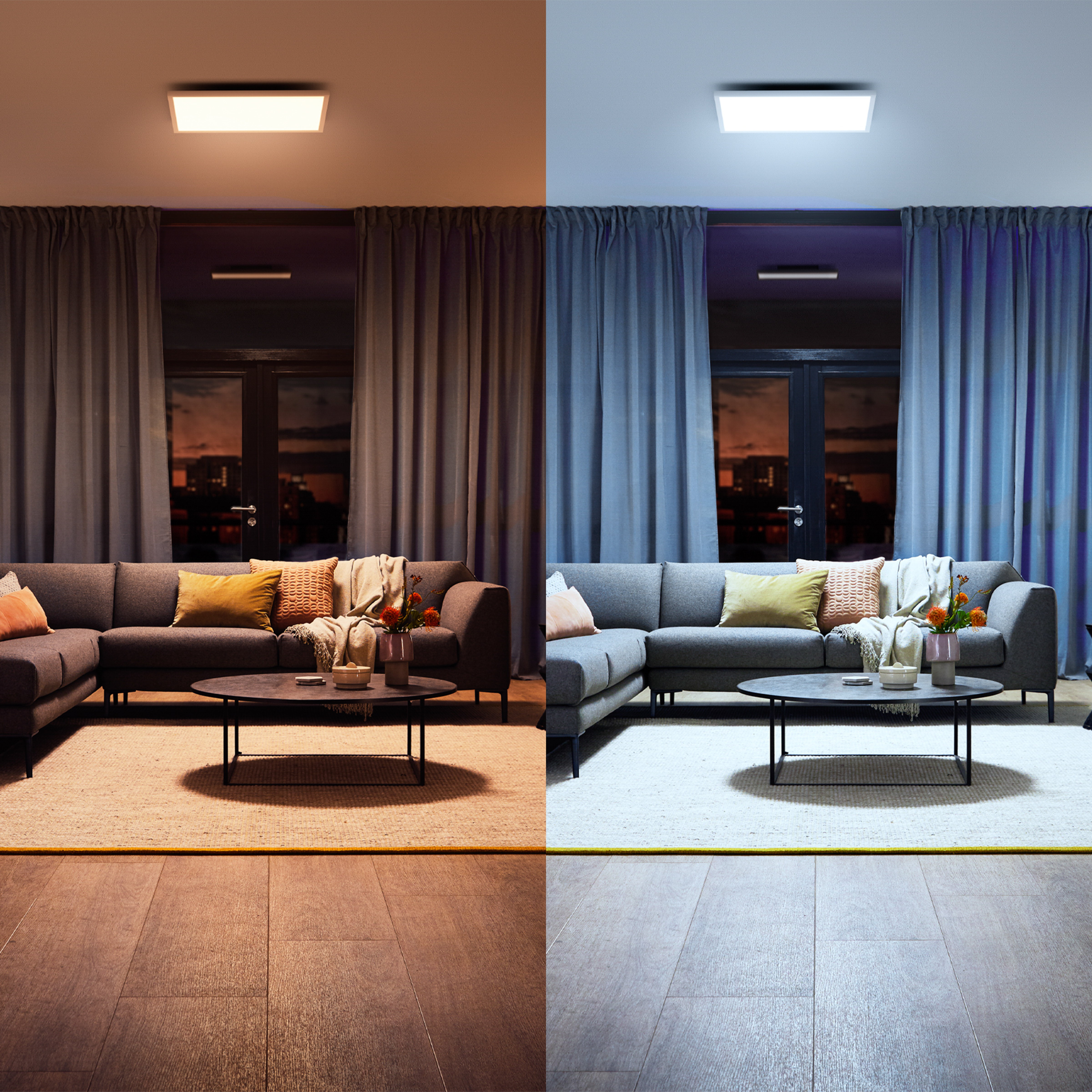 Soggiorno con divano grigio, tappeto e tavolino, illuminato con luce calda e fredda.