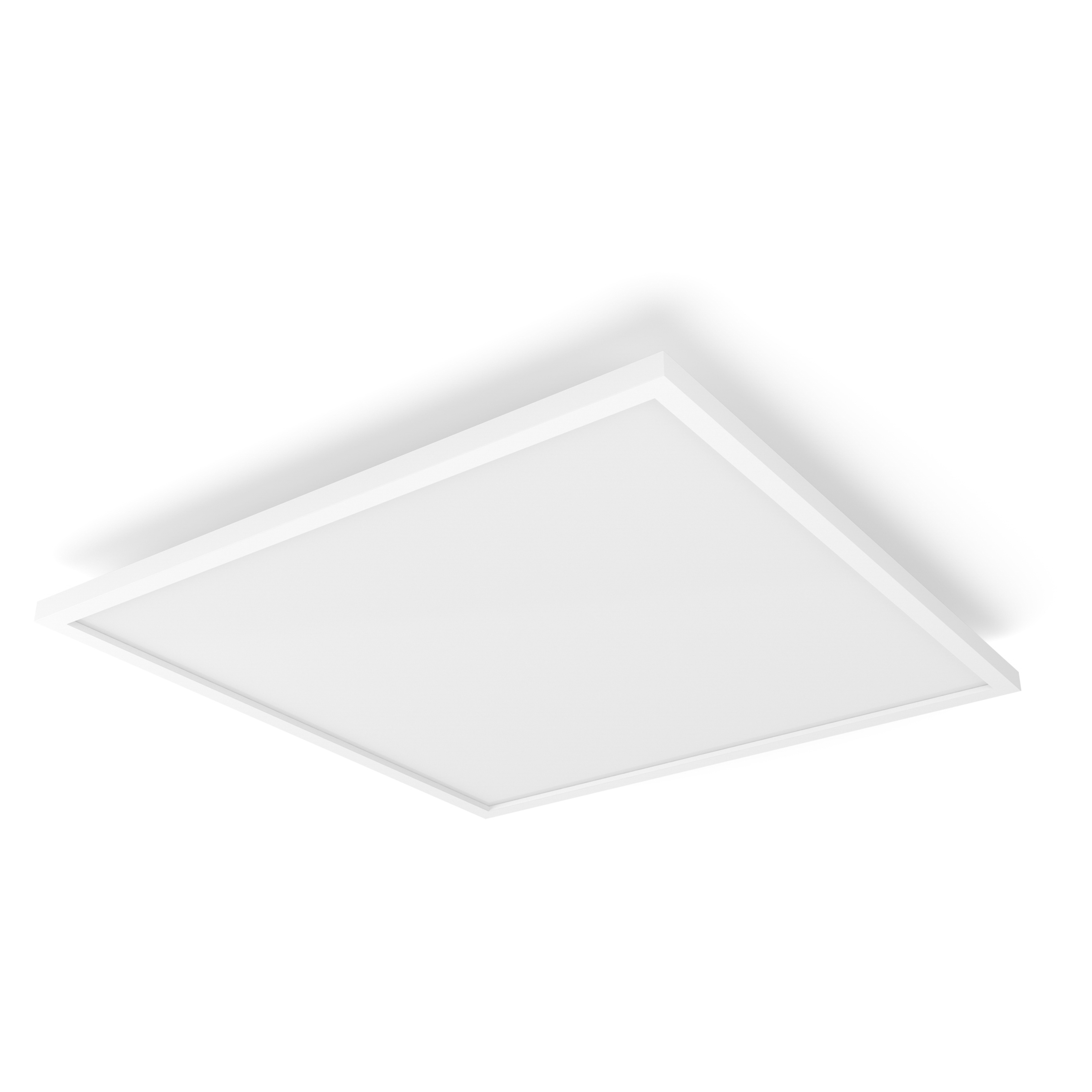 Pannello LED da soffitto quadrato bianco montato su una superficie bianca.