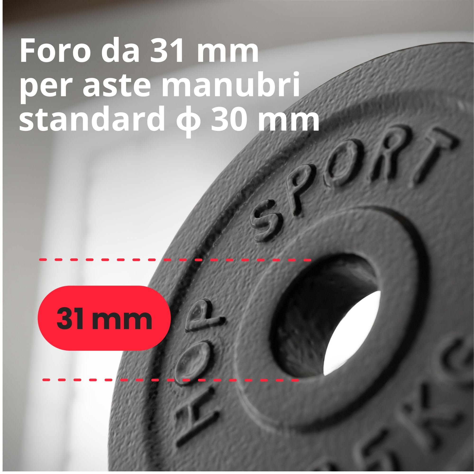 Nahaufnahme einer schwarzen Hantelscheibe mit 31 mm Loch und italienischem Text.
