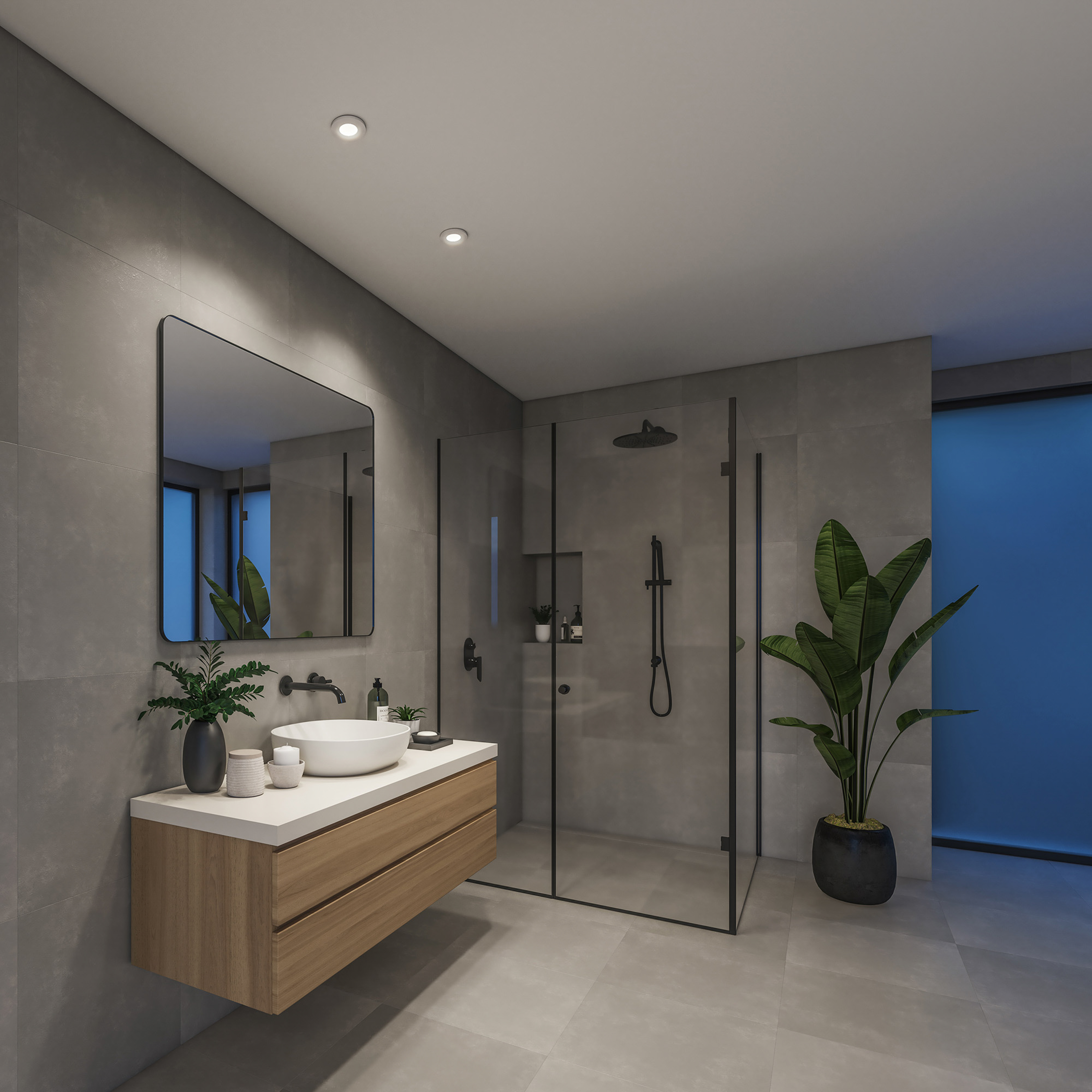 Un bagno grigio moderno con mobile sospeso, doccia in vetro, specchio, lavabo e pianta in vaso.