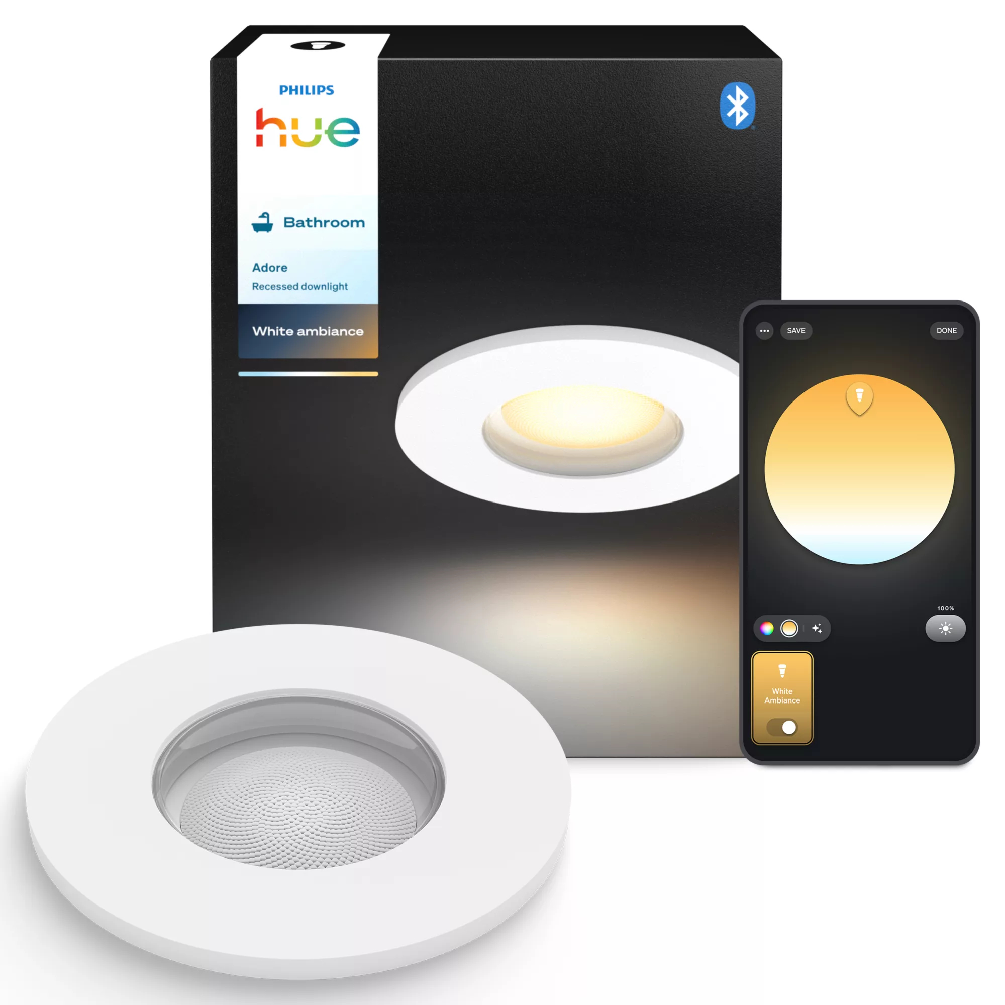 Faretto incassato Philips Hue Adore davanti alla confezione e all'app.
