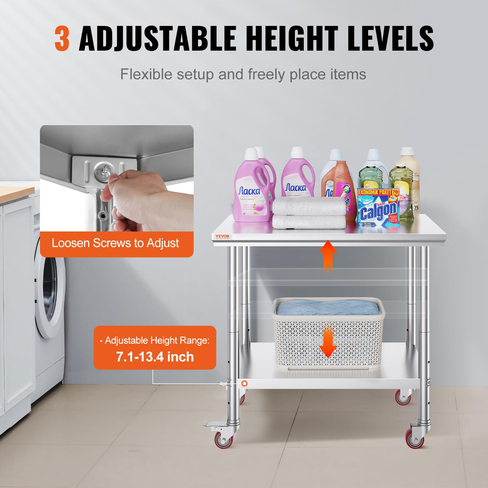 Chariot utilitaire en acier inoxydable avec hauteur réglable, étagères, roulettes et produits de nettoyage.