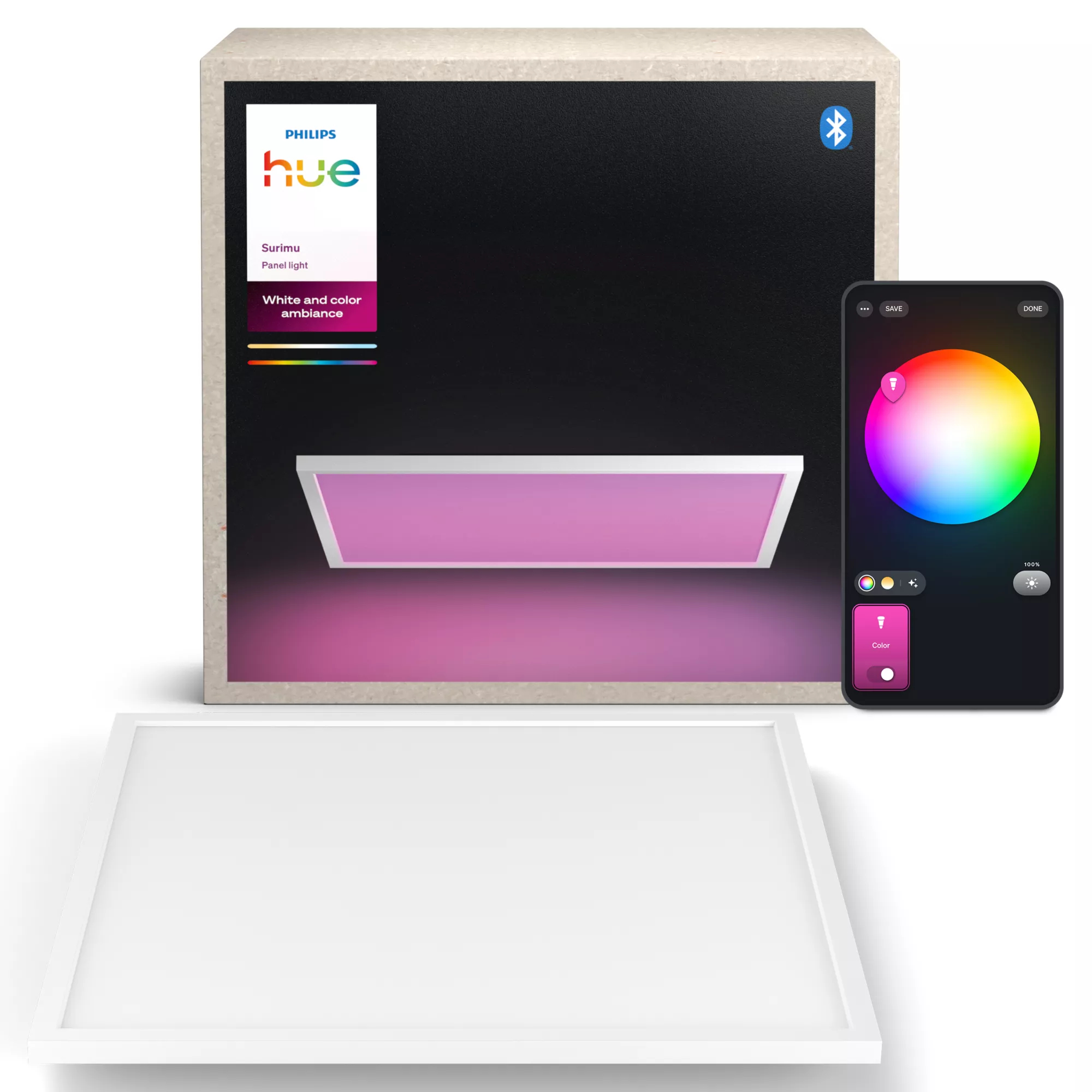 Panneau LED Philips Hue Surimu devant son emballage avec une application mobile.