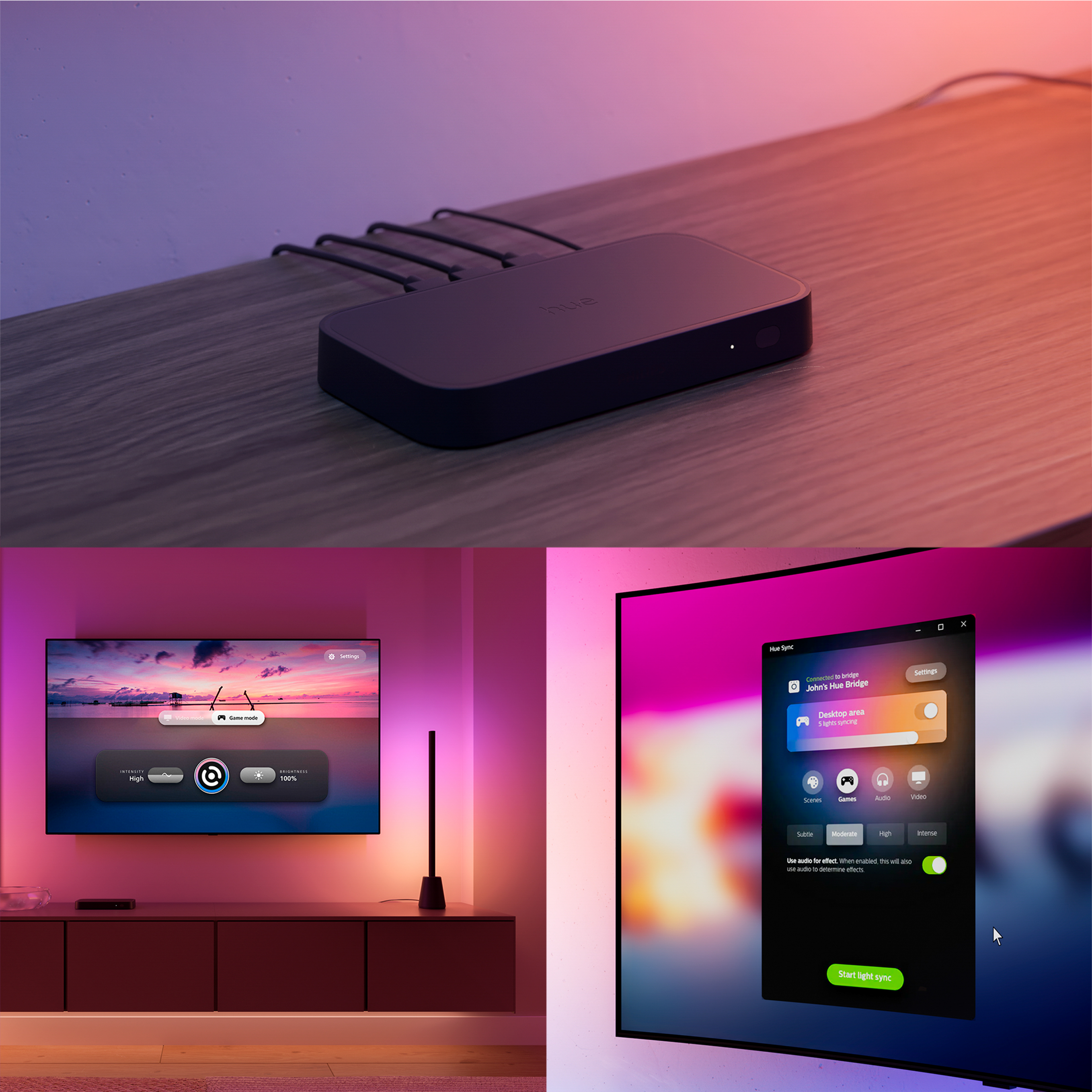 Un Philips Hue Sync Box su un ripiano in legno con interfaccia app sugli schermi.