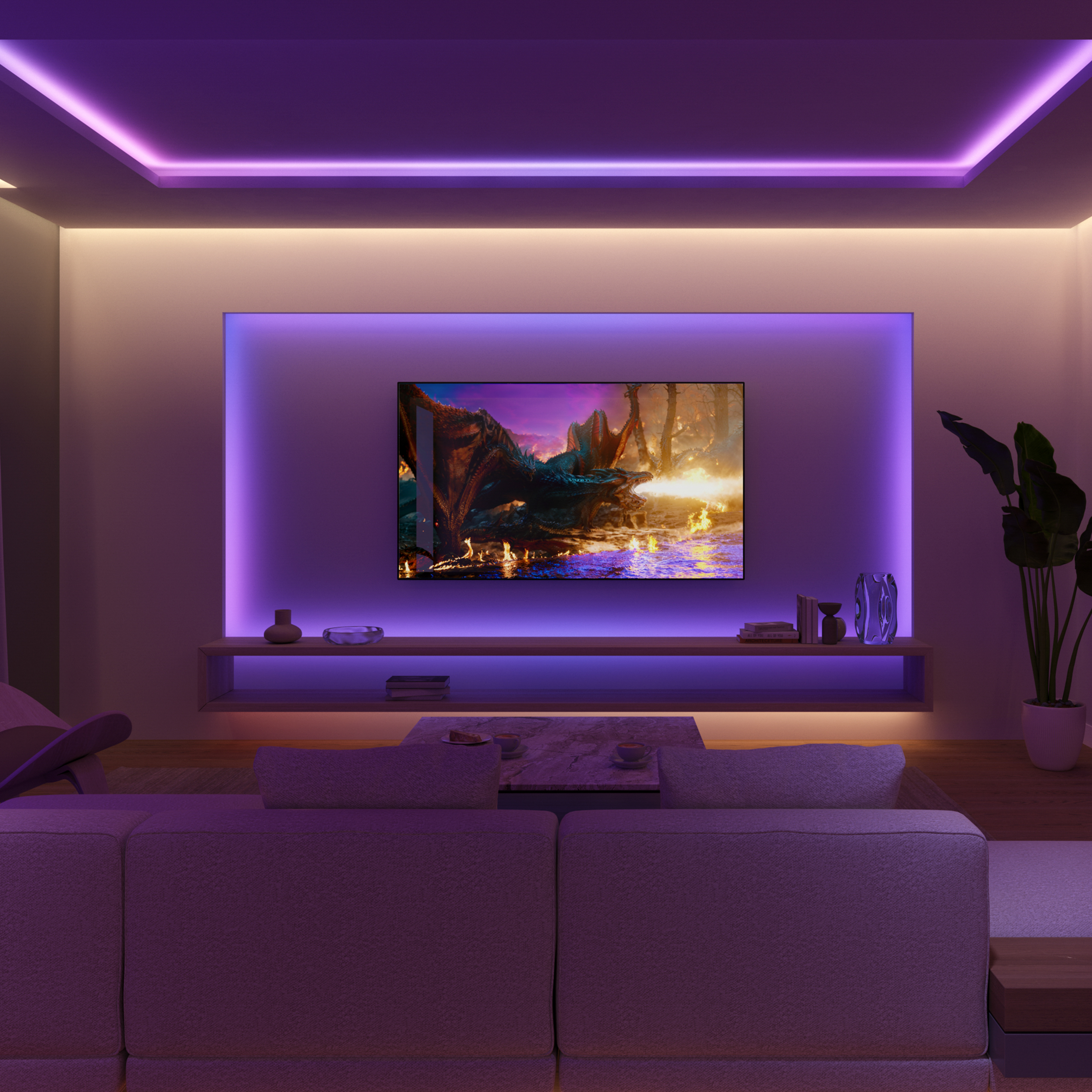 Soggiorno moderno con illuminazione a LED viola, TV con drago e un comodo divano.